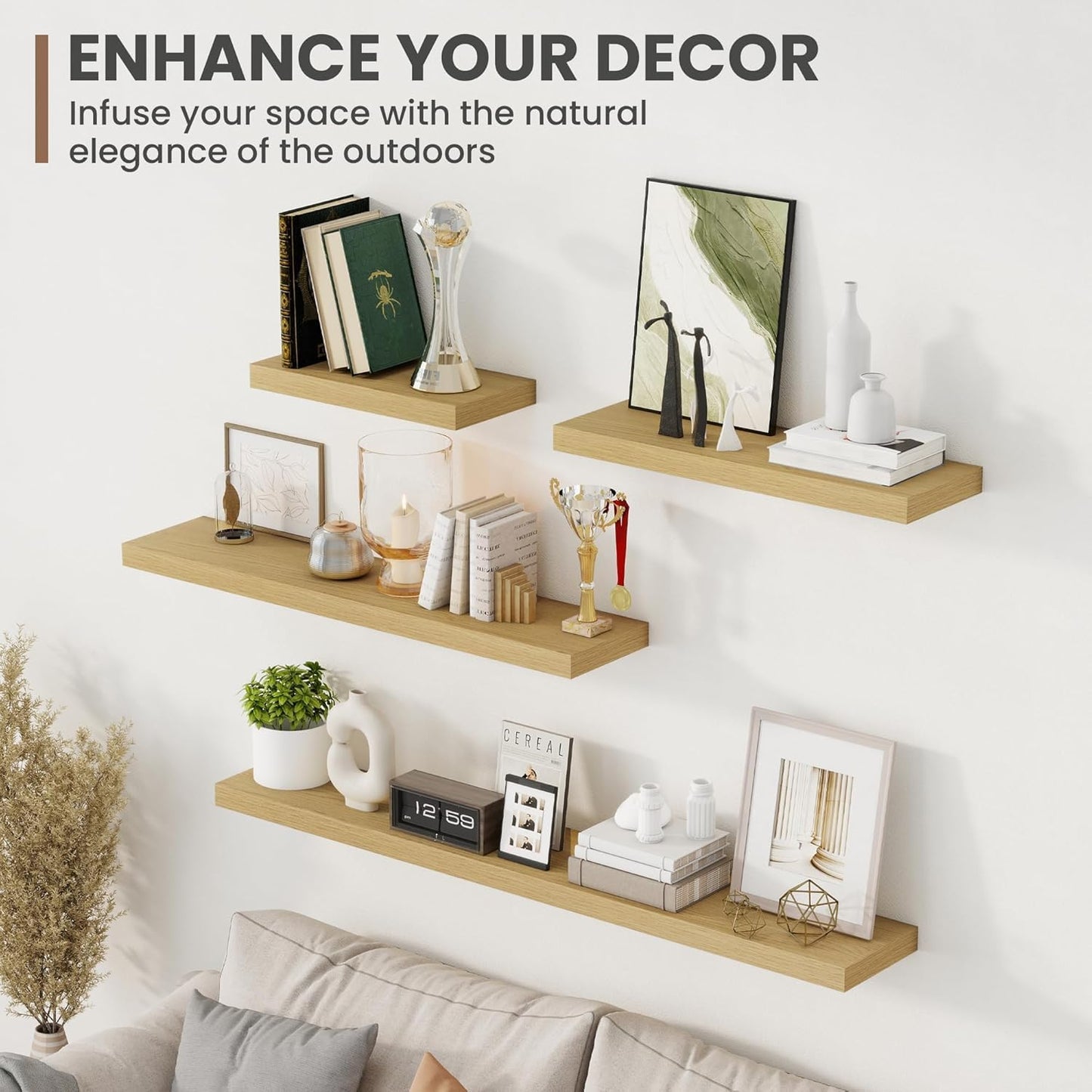 Acovy 72 Inch Floating Shelves, 8 Inch Deep Floating Shelves for Wall, Hanging Shelf with Invisible Brackets, Deep Shelves for Bathroom, Bedroom, Living Room, Oak, Set of 2