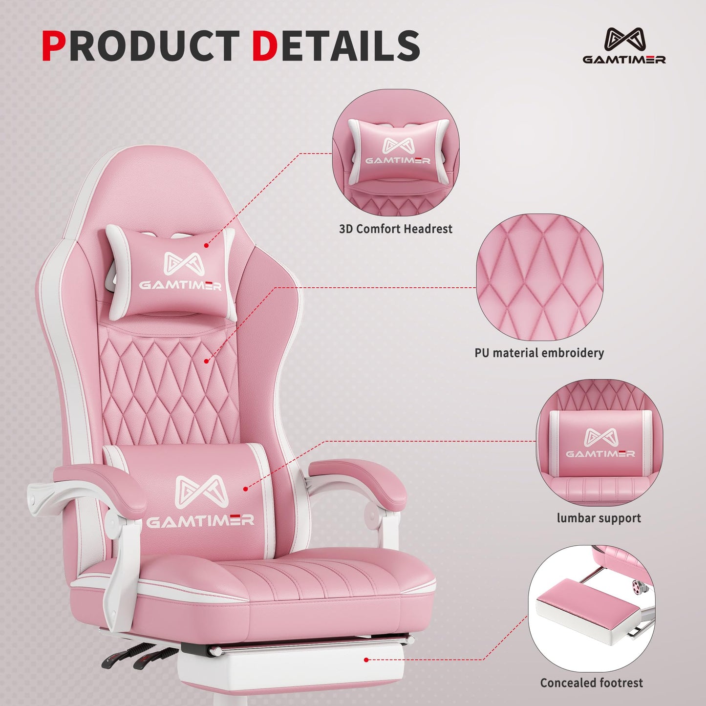 Gamtimer Gaming Chair with Footrest, Ergonomic Computer Chair, PU Breathable Material with Headrest and Lumbar Support, Suitable for Silla Gamer and Adults(Pink)