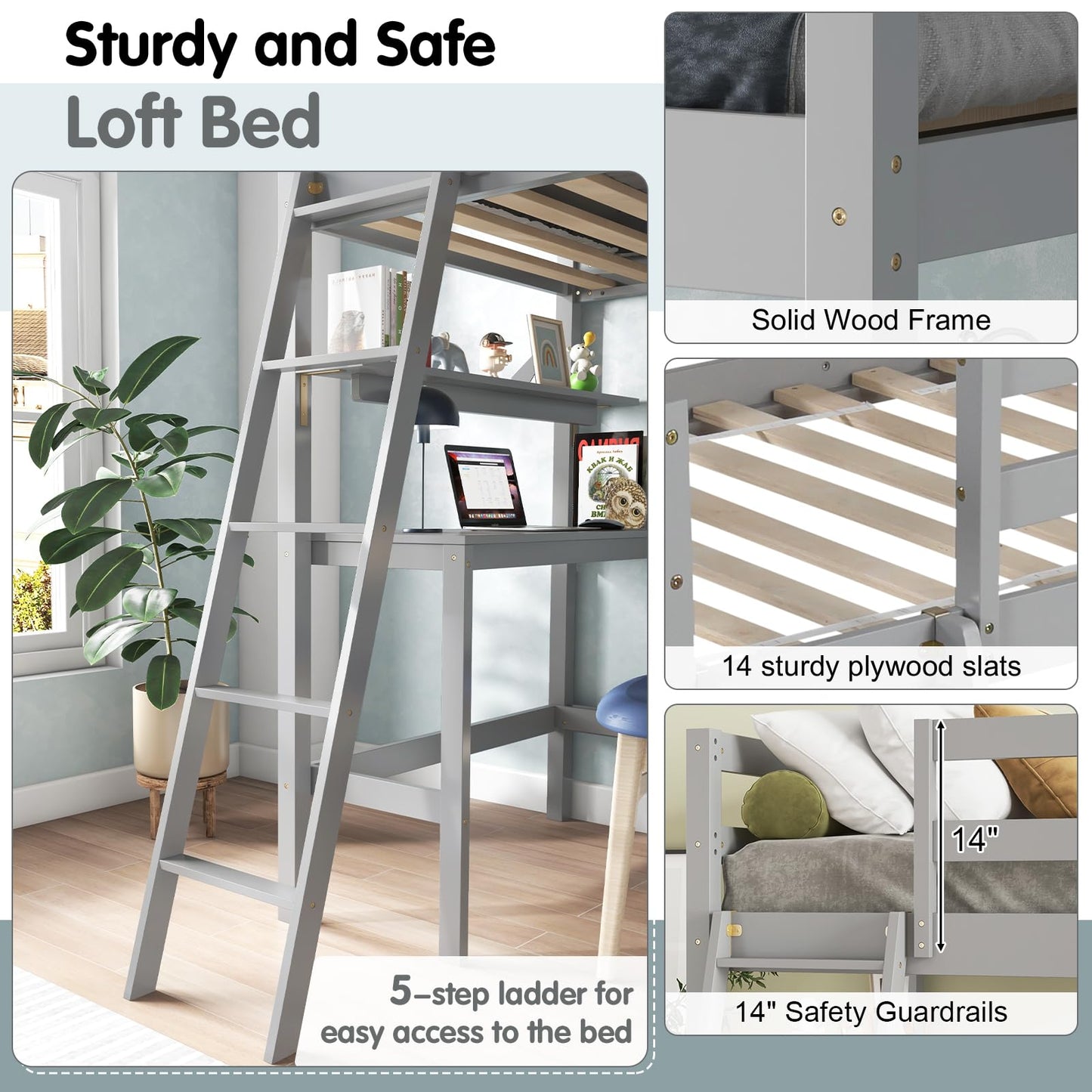KOTEK Twin Loft Bed with Desk & Storage Shelves, Solid Wood Loft Bed Frame with Bookcase, Ladder, Guardrails, Twin Size Loft Bed for Kids, Teens, Drom, Apartment (Grey)