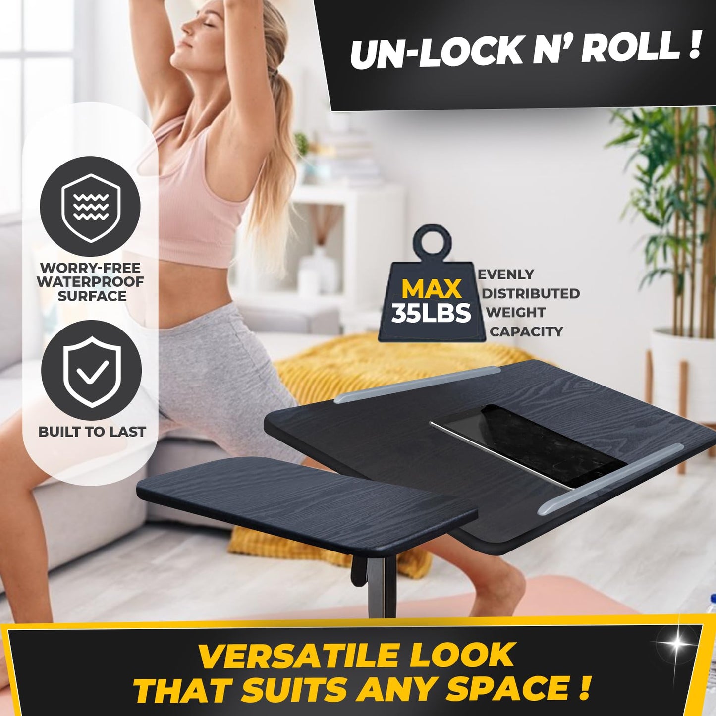 Sigmade Recliner Table, Over the Bed Table with Wheels, Adjustable Width & Height, with Split Tilt Design & 4 Caster Wheels with Brakes (Black Oak Tabletop, Black Base)