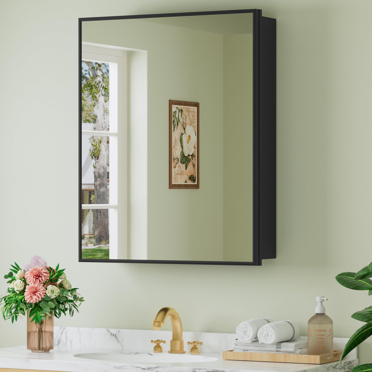 Buruis 24" x 30" Framed Medicine Cabinet with Mirror, Recessed or Wall Mounted Bathroom Cabinet, Adjustable Tempered Glass Shelves, Left/Right Open Reversible, No Assembly Required, Black