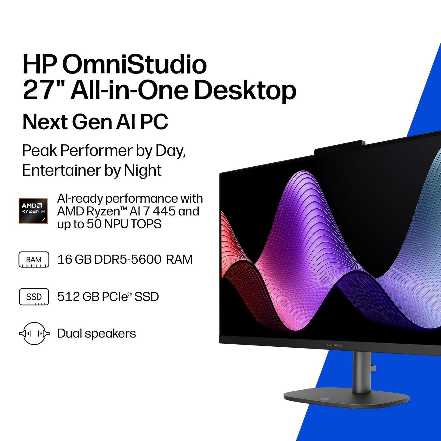 HP OmniStudio 27 inch All-in-One Desktop Next Gen AI PC, FHD Display, AMD Ryzen AI 7 445, 16 GB RAM, 512 GB SSD, AMD Radeon 840M Graphics, Windows 11 Home, Jet Black, 27-cw0102 (2026)