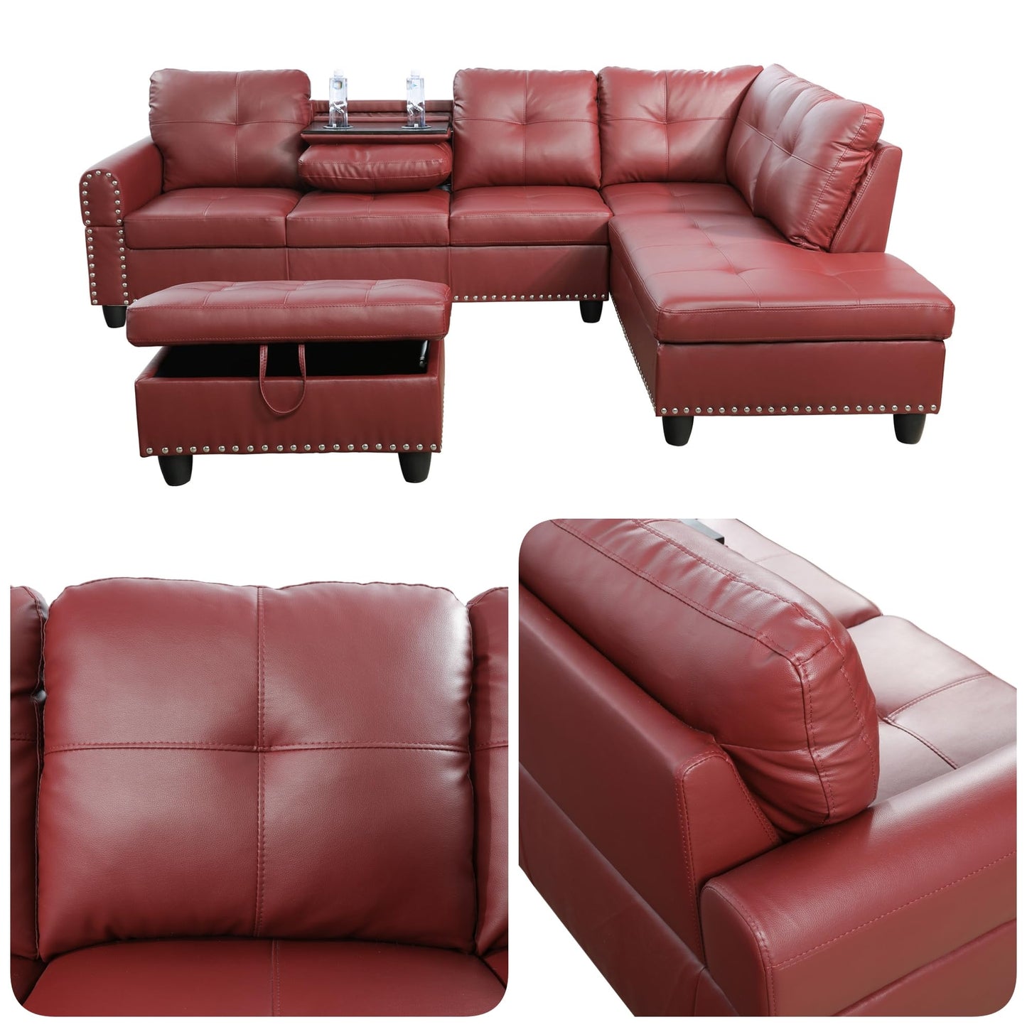 Topcomfy 97.5" L Shaped Couch Set, Modular Sectional Couches for Living Room with Storage Ottoman, 4 Seat Home Sofa Living Room Furniture Sets with Chaise for Apartment Office (Faux Leather, Red)