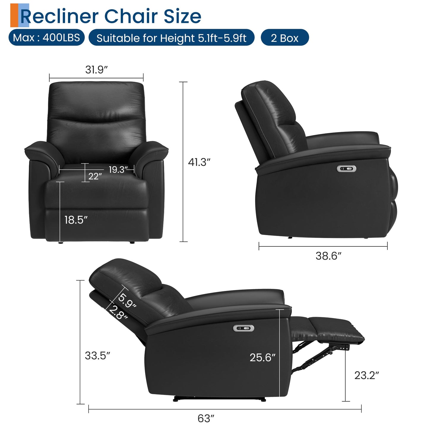 Garvee Power Recliner Chair, PU Leather Electric Reclining Armchair with Free Position, Oversized Armrest Lazy Chair Sofa for Adult, 350 Lb Capacity, Single Sofa for Living Room Bedroom, Black