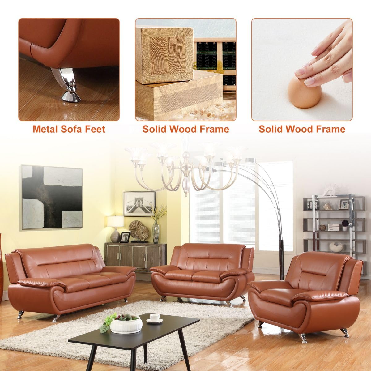 UOCFYK Lounge Comfy Faux Leather Sectional Sofa Modern Couch for Small Living Room/Dorm/Bedroom/Office/Apartment for Small Spaces, (Orange, Three-Piece)