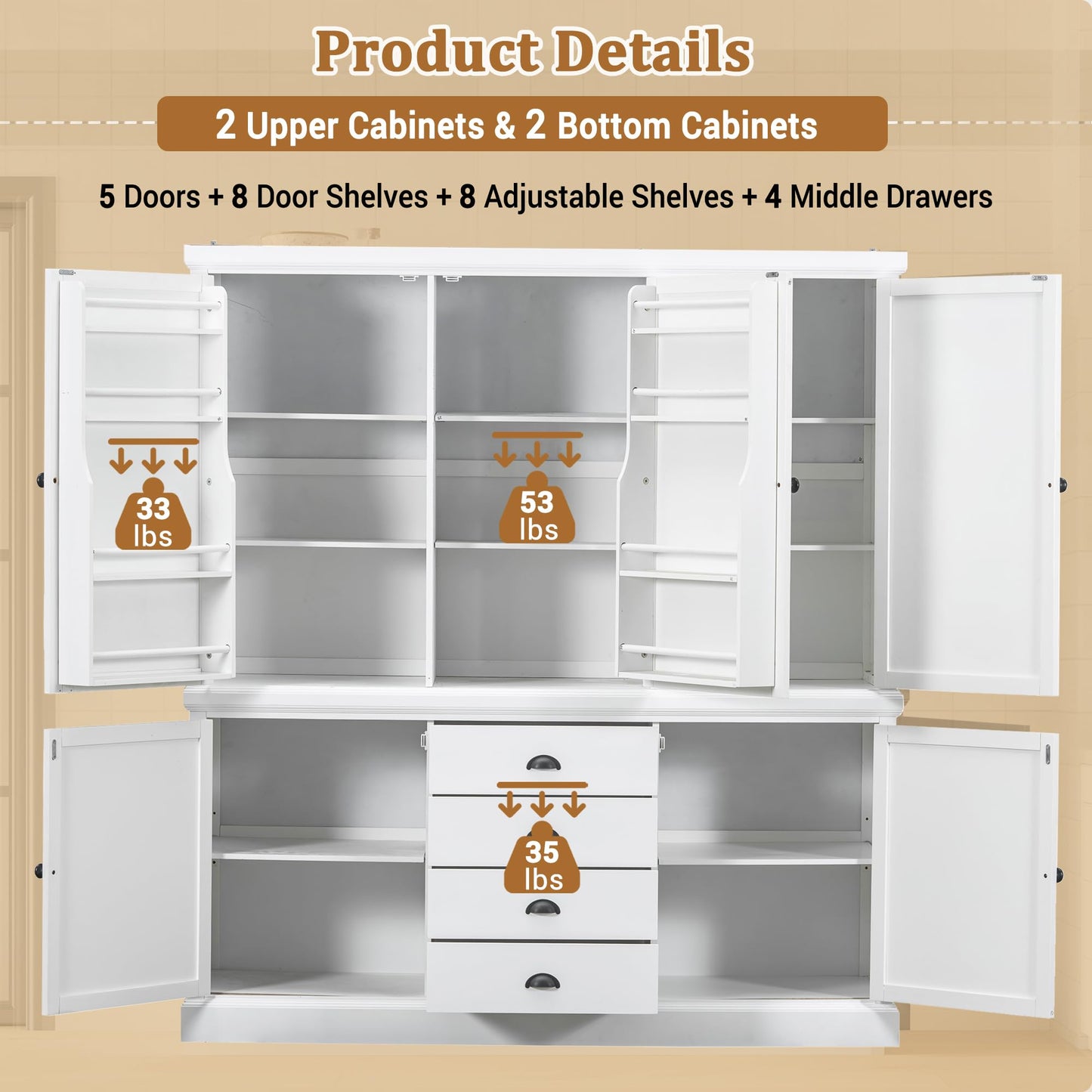 Merax 73'' Freestanding Wooden Kitchen Pantry Organizers and Storage Cabinet with 4 Drawers Cupboard with Door Adjustable Shelves for Dining Room, White