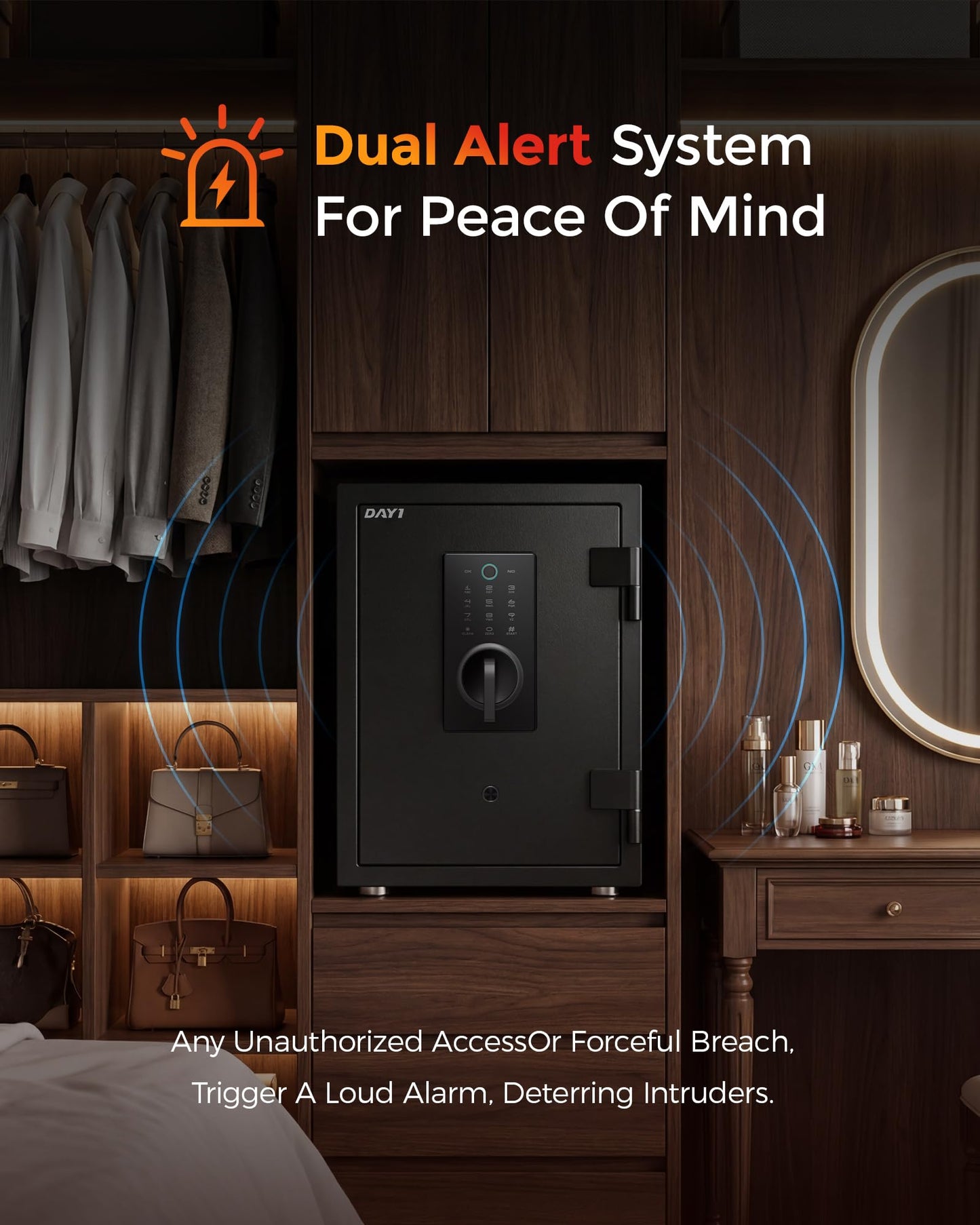DAYI Fireproof Safe, 2.0 Cubic Feet Biometric Fingerprint Fire Proof Safes Box for Home Documents Money, Digital Touchpad Security Safe Dual Alarm System - DY-45FP