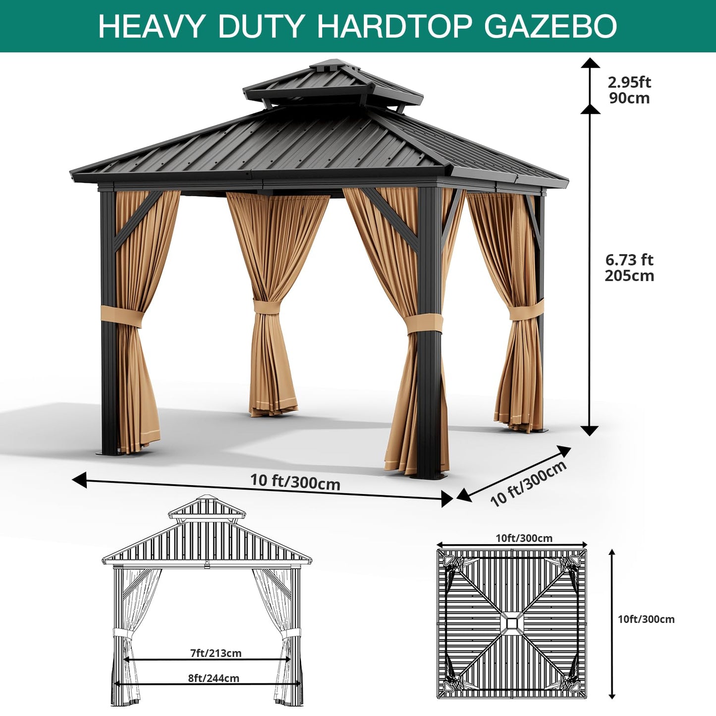 10'x10' Hardtop Gazebo, Heavy Duty Aluminum Permanent Hardtop Gazebo Outdoor Pavilion with Curtains and Netting for Garden