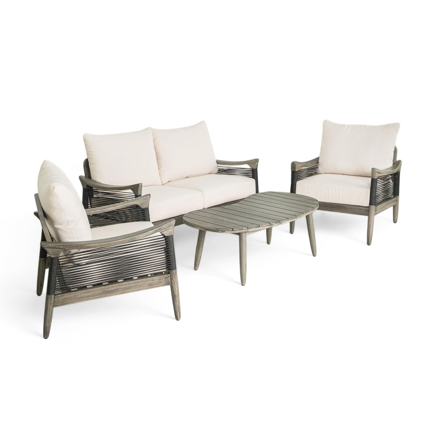 Christopher Knight Home Havets 4 Piece Patio Conversation Sets, Outdoor Acacia Wood Patio Seating Group,Woven Rope Loveseat Chairs with Cushions and Coffee Table for Porch Backyard Balcony, Gray+Beige