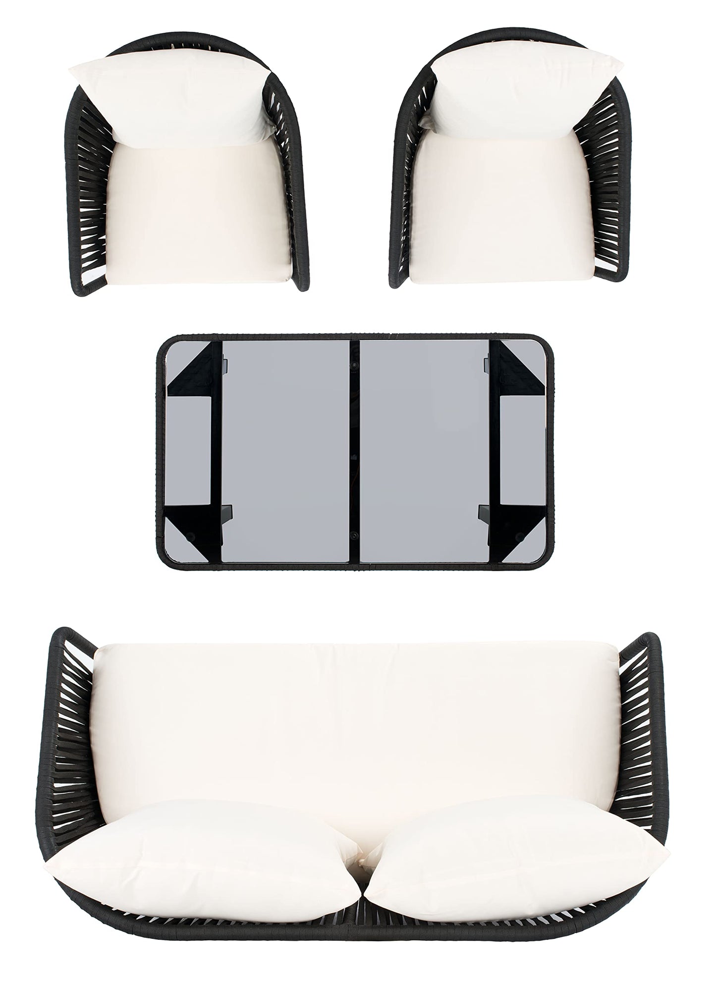 Safavieh Outdoor Collection Jorda Wicker Cushion 4-Piece Rope Patio Backyard Living Set PAT7518B, Black/Beige