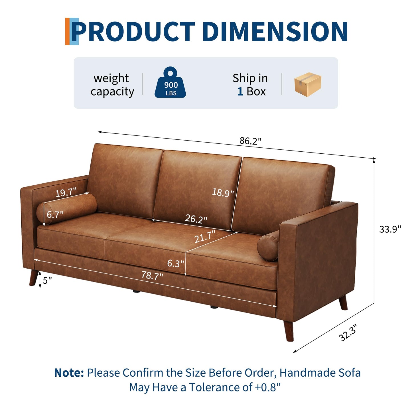 IDEALHOUSE Leather Couch 81 inch, Mid Century Modern Sofa 3 Seater with Deep Seat & Removable Cushions, Faux Leather Chesterfield Couch for Living Room, Office, Brown