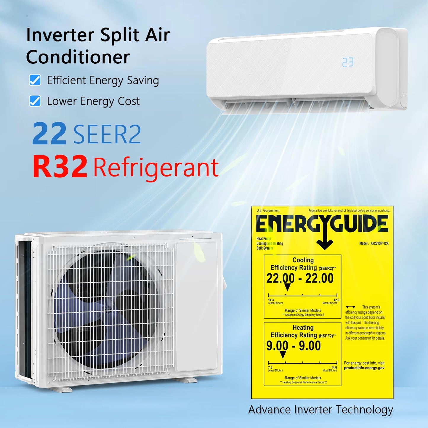 Mini Split Ac/Heating System - 12000 BTU Wall Mounted Mini Split Air Conditioner with Heat Pump, WiFi Enabled,22 SEER2 115V Energy Efficient Ductless Wall Ac Unit Up to 750 Sq. Ft