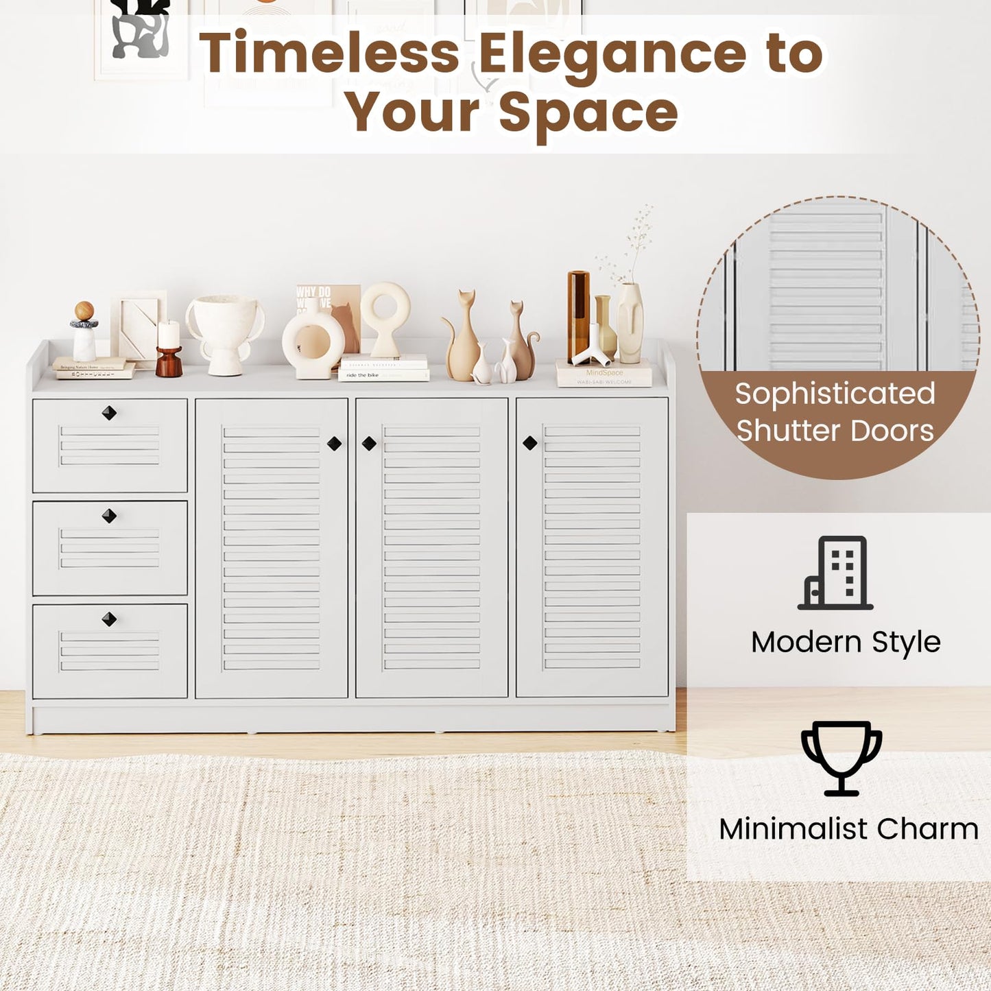 Giantex 63'' Buffet Cabinet with Storage, Modern Sideboard Cabinet with 3 Doors & 3 Pull-Out Drawers, Large Kitchen Console Table with Anti-Tipping Devices for Living Room, Dining Room, White