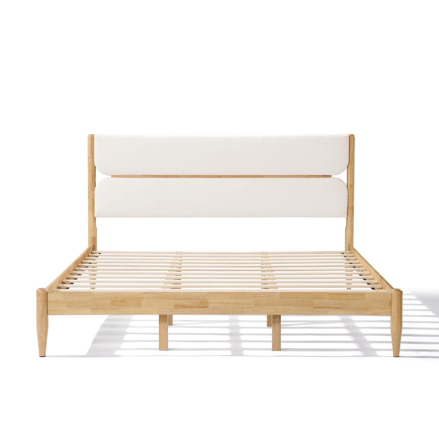 Merax Solid Wood Bed Frame King Size with Fleece Sponge Upholstered Headboard, Solid Rubber Wood Frame, Elegant King Platform Bed, Ample Underbed Storage Space, Bear 800lbs, Ivory