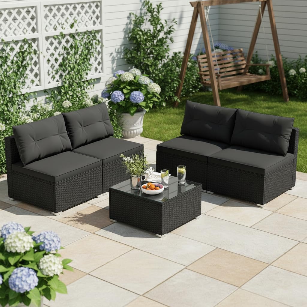 Tangkula 5 Piece Rattan Sofa Set, Outdoor Wicker Furniture Set w/Seat & Back Cushions, Square Coffee Table, Patio Sectional Sofa Set for Backyard, Poolside, Garden (Black)