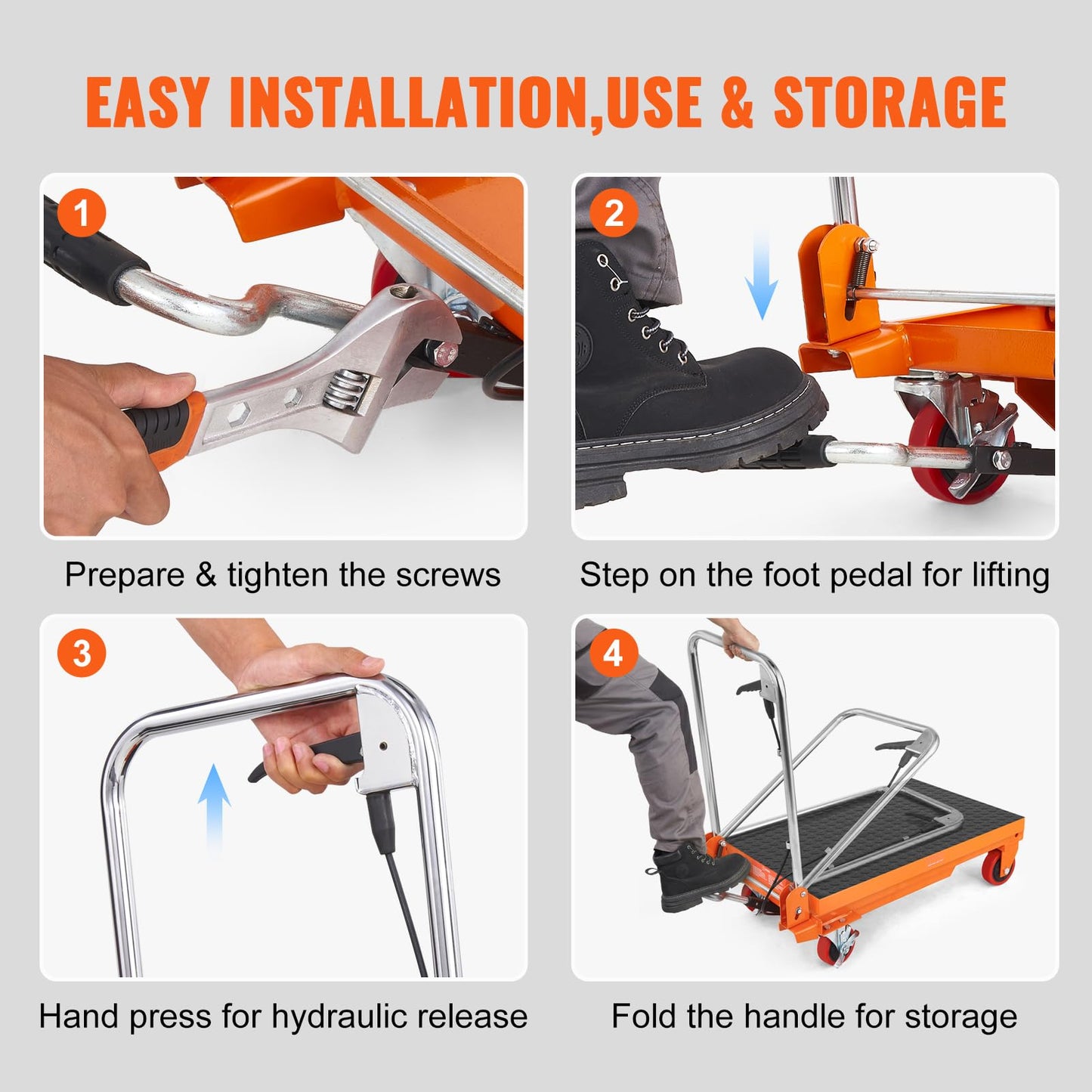 VEVOR TF15 Hydraulic Lift Table Cart, 330lbs Capacity 28.5" with 4 Wheels and Non-Slip Pad, for Material Handling and Transportation, Orange