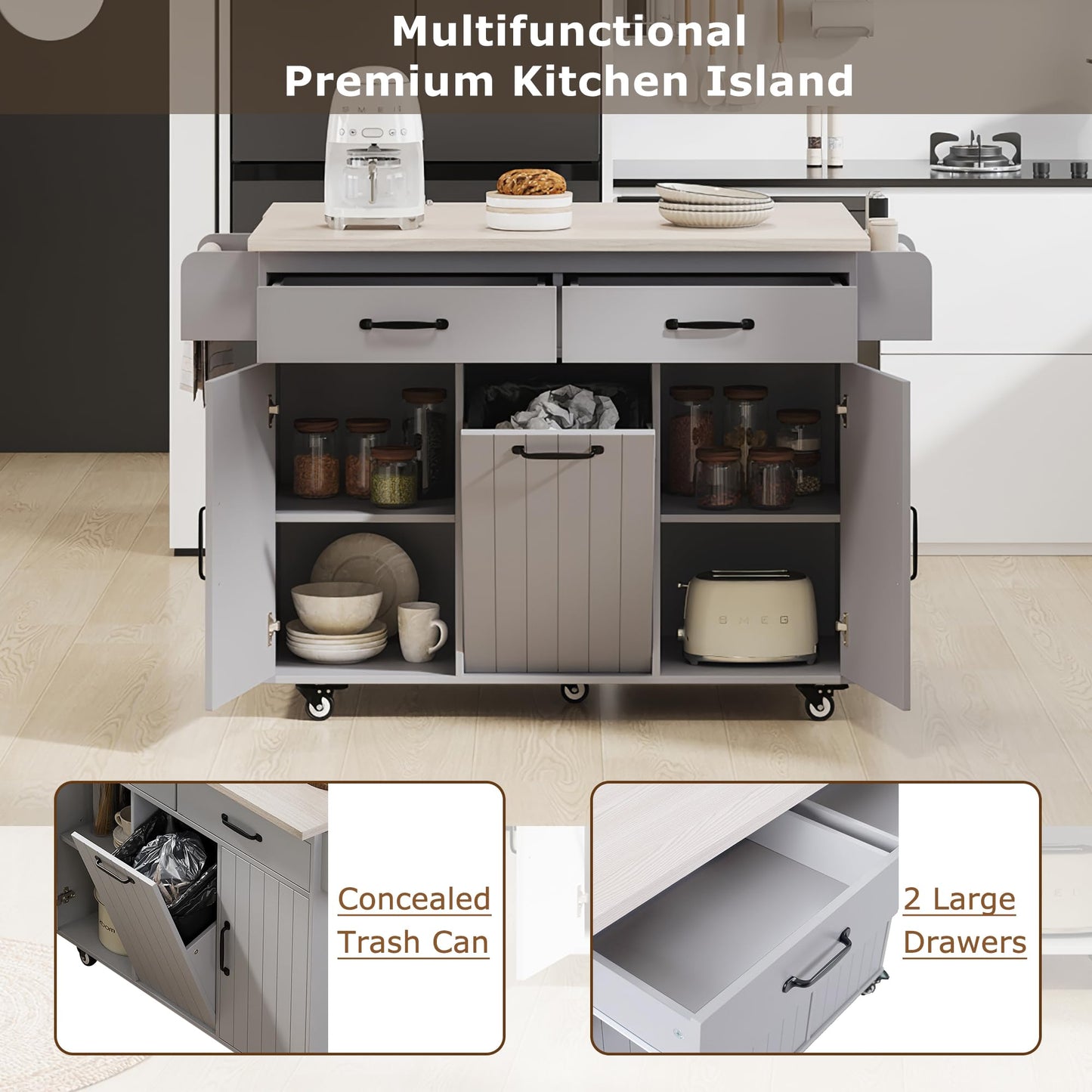 Ball & Cast Kitchen Island with Trash Can Storage Cabinet,Kitchen Cart W/Drop Leaf,Spice Rack,Towel Rack and Drawers,Rolling Kitchen Islands on Wheels W/Adjustable Shelf for Dining Room,Grey