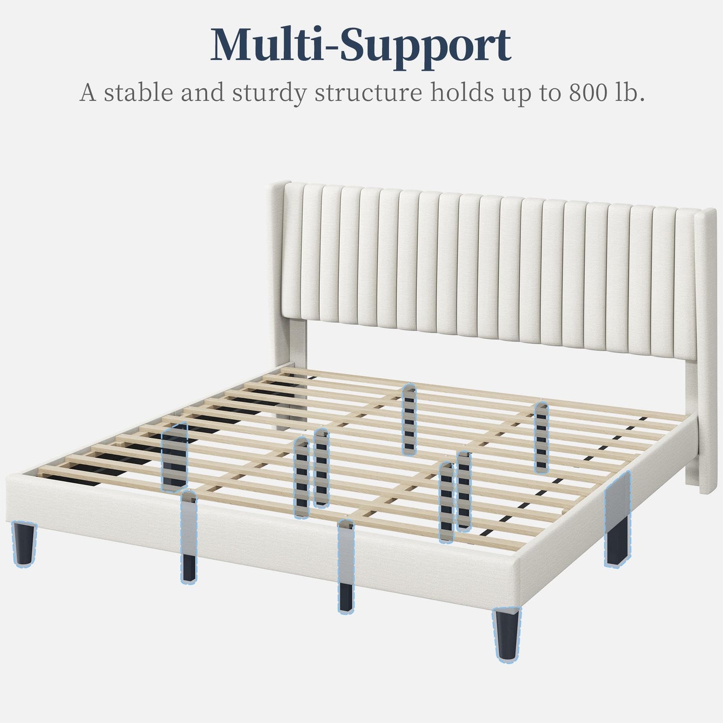 Yaheetech King Bed Frame Upholstered Platform Bed with Fabric Headboard, Wing Edge Design/Non-Slip and Noise-Free/Wooden Slats Support/No Box Spring Needed/Easy Assembly, Beige King Bed