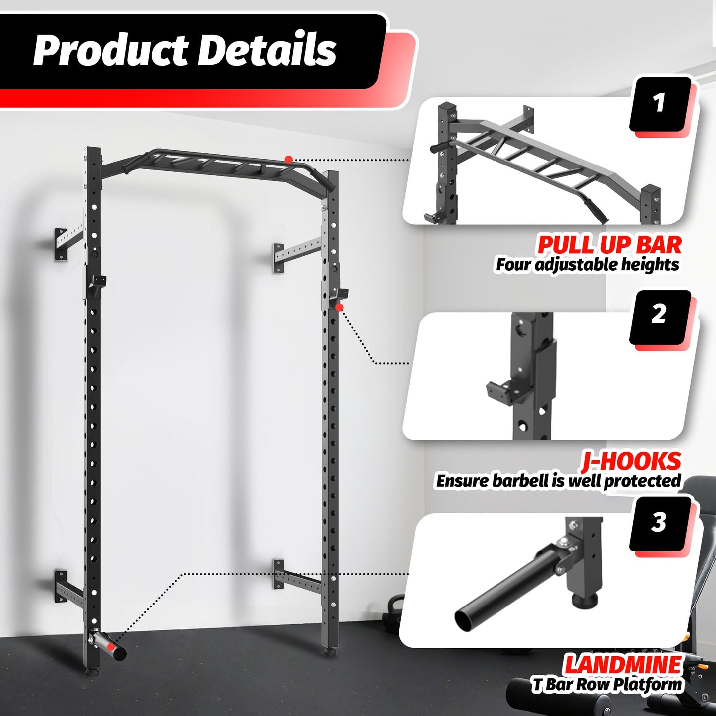 Garvee Wall Mounted Power Rack, 1600LB Commercial Squat Rack for Home Gym with Multi-Grip Pull Up Bar, j-Cups & Landmine Attachment for Home and Garage Gym