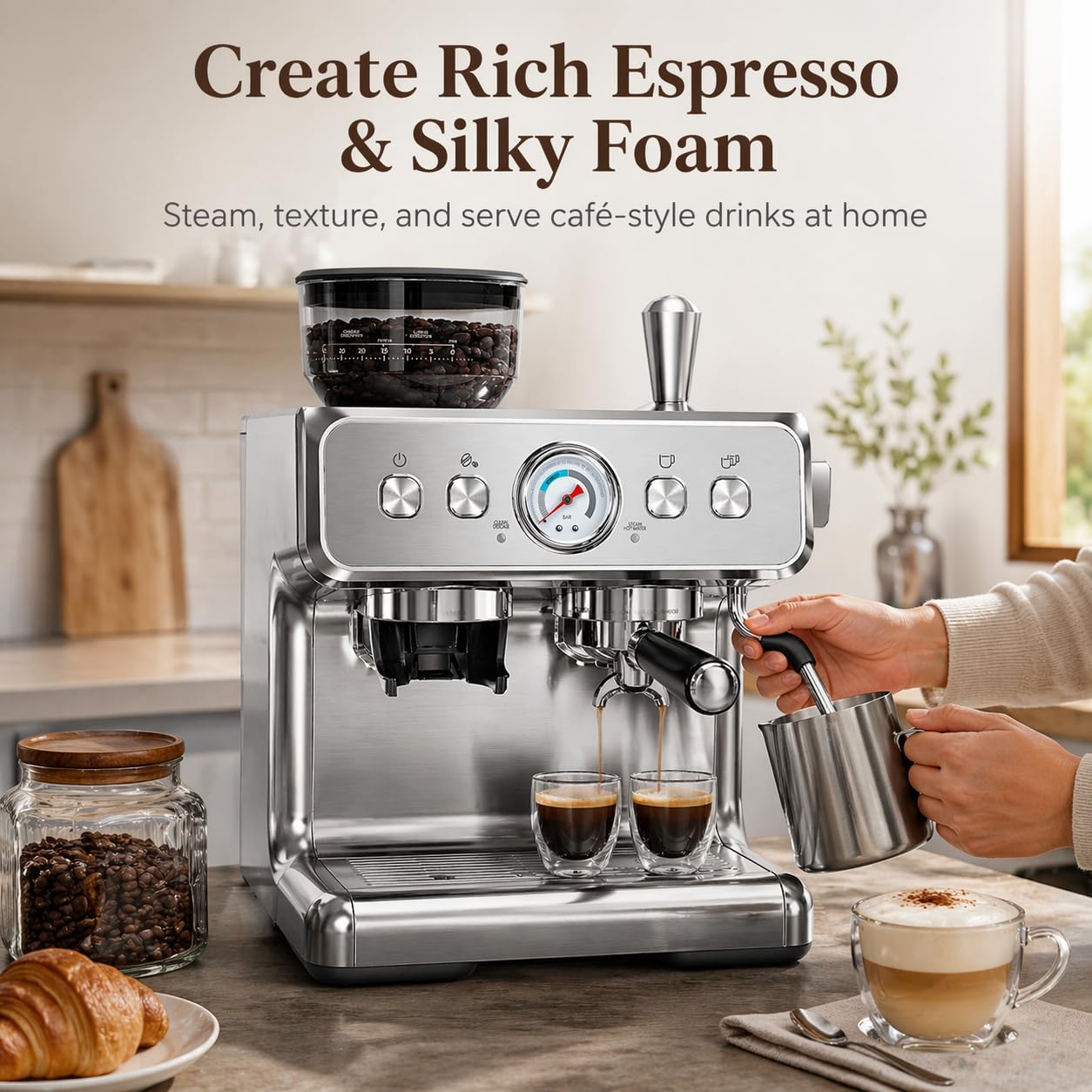 Kismile Espresso Machine with Grinder, 20 Bar Expresso Coffee Machines with Milk Frother, 58mm Expresso Machines for Home, Perfect for Cappuccino & Latte, Stainless Steel(2026 Upgrade)