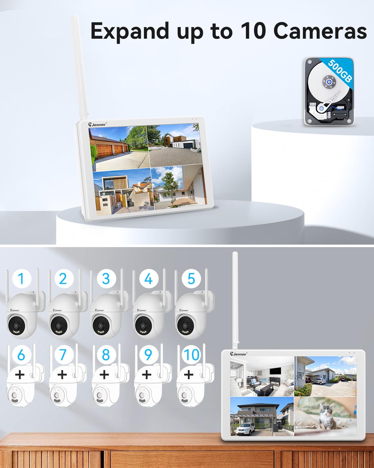 Jennov 5MP Wireless Security Camera System with Monitor, 4 Outlet-Powered WiFi Cameras, 10CH NVR with 500GB HDD, Night Vision, Motion Detection, IP66, No Subscription, Indoor Outdoor