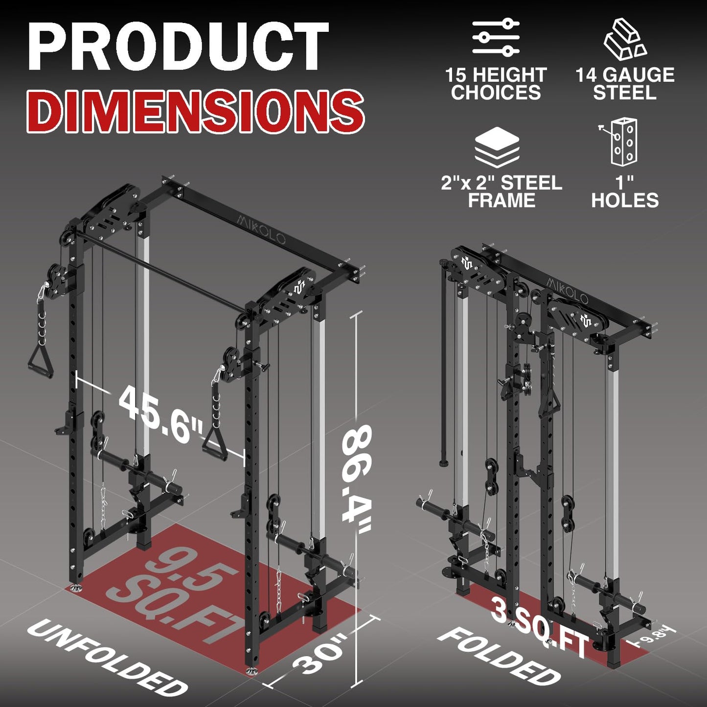 Mikolo Folding Squat Rack, Wall Mounted Power Rack with Cable Crossover Machine & LAT Pull Down, Functional Trainer with 5 Adjustable Function Modes, for Home Gym and Space Saving(Black)