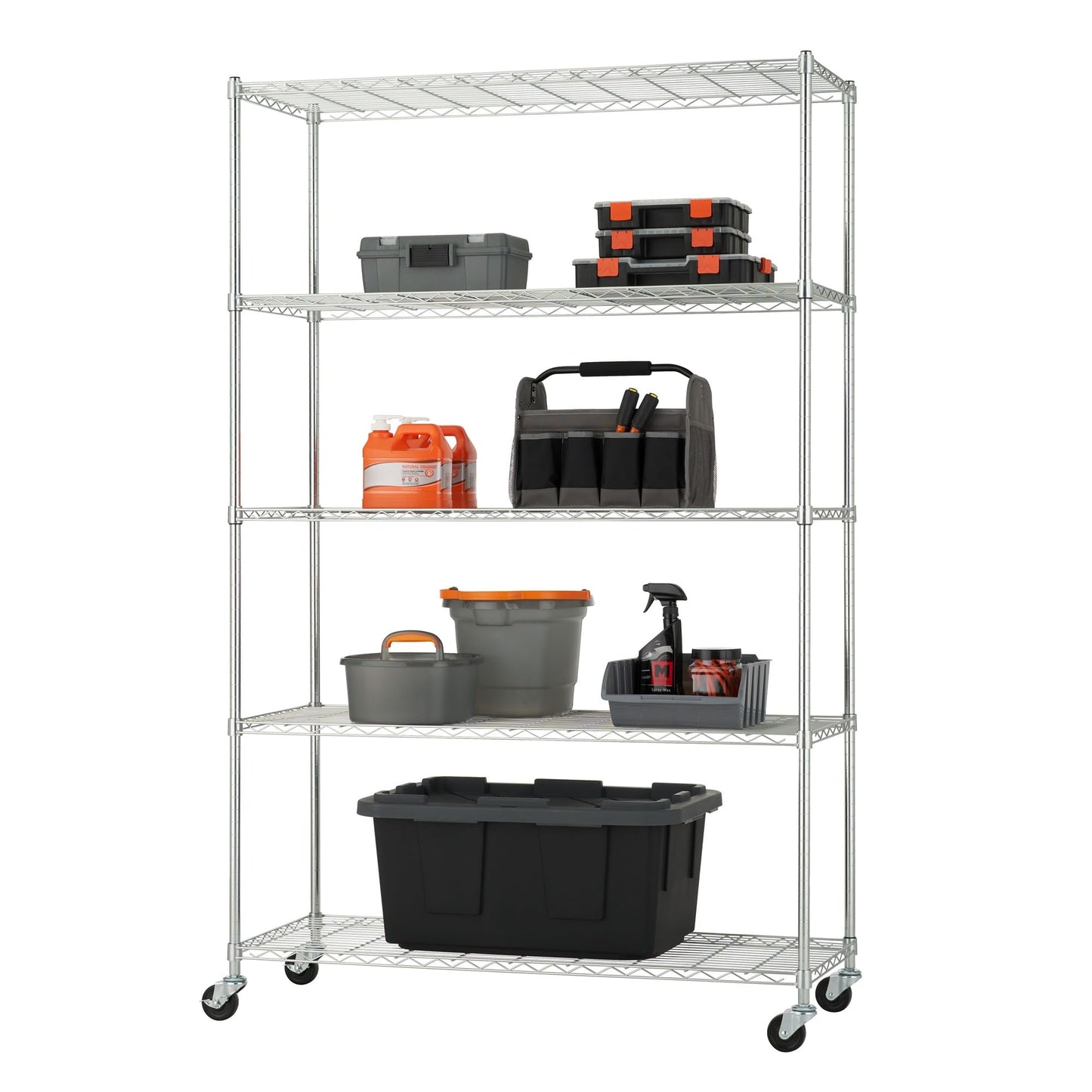 NEAT by TRINITY 5-Tier Adjustable Wire Shelving with Wheels, Wire Shelf Rack for Kitchen Organization, Garage Storage, 400 to 2000 Pound Capacity, NSF Certified, 48” x 18” x 72”, EcoStorage Chrome