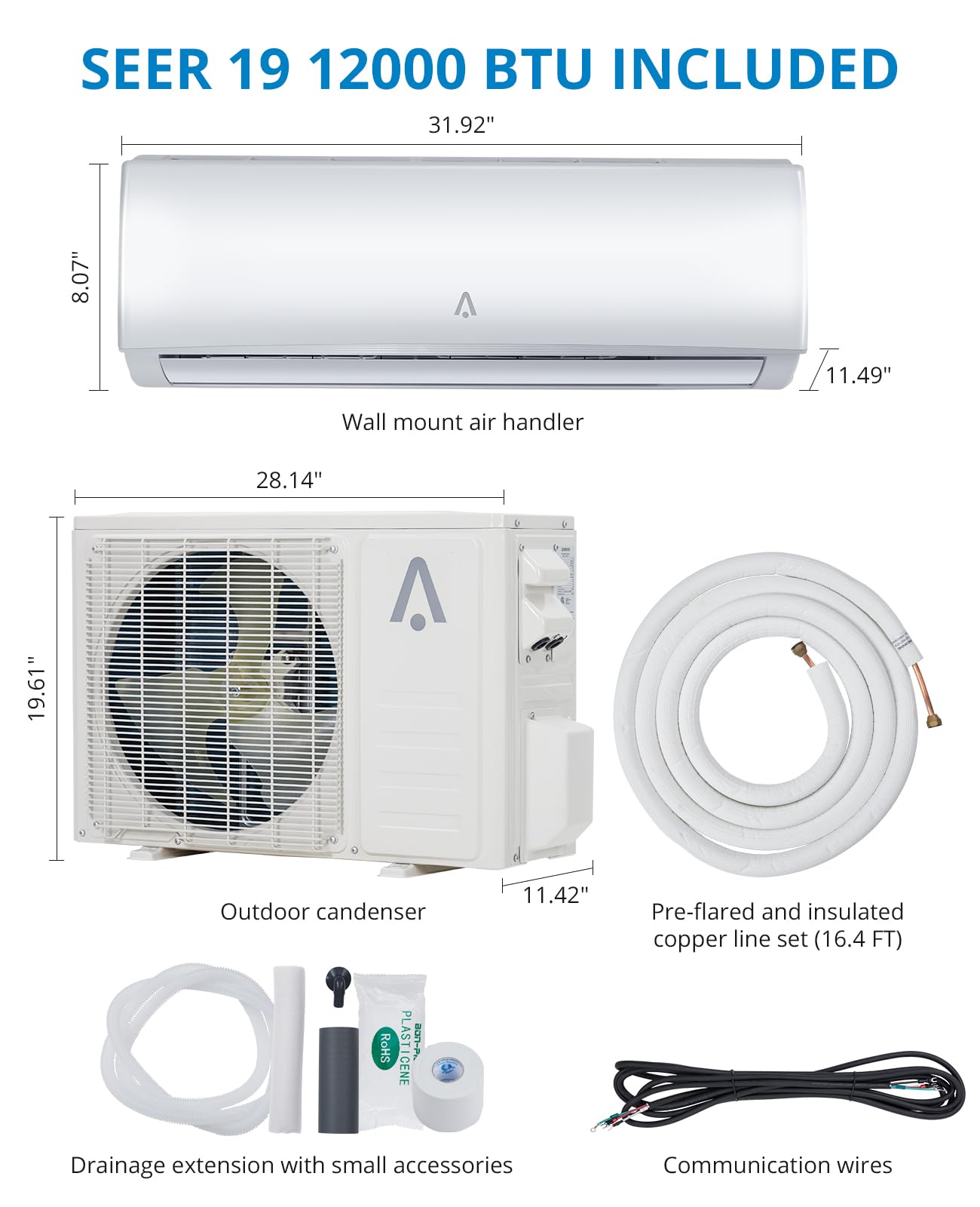 12,000 Btus Mini Split AC, 21 SEER2 Wall Mounted AC with Heat Pump & Installation Kits, Ductless Inverter Split-System Air Conditioners Cools Up to 750 Sq. Ft, WIFI and Remote Control, 230V