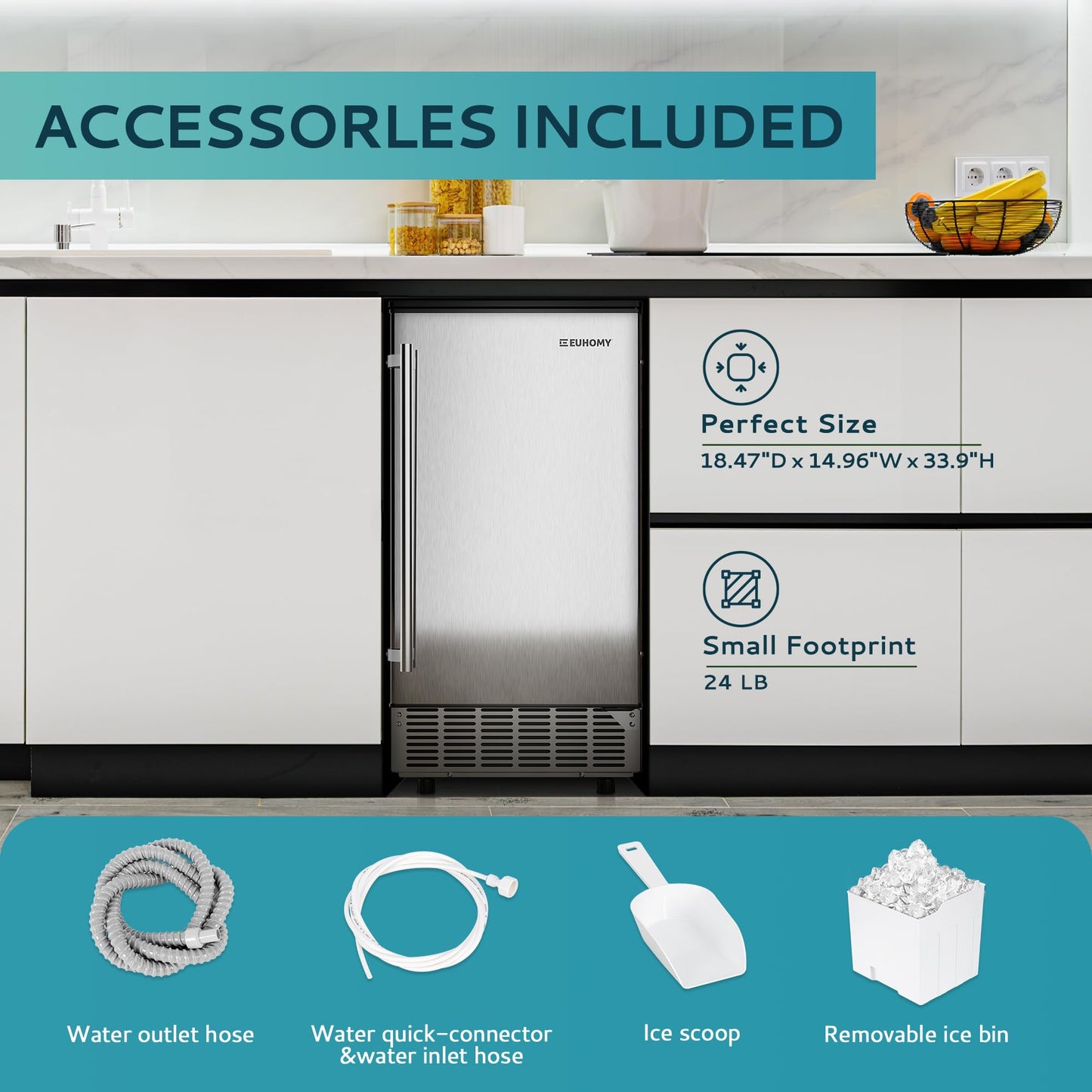 Commercial Ice Maker Machine 85Lbs/Day, 24Lbs Storage, Built-in Undercounter Ice Maker with Auto-Cleaning & Timer, Freestanding Stainless Steel Ice Machine, Ideal for Home Office Restaurant Bar