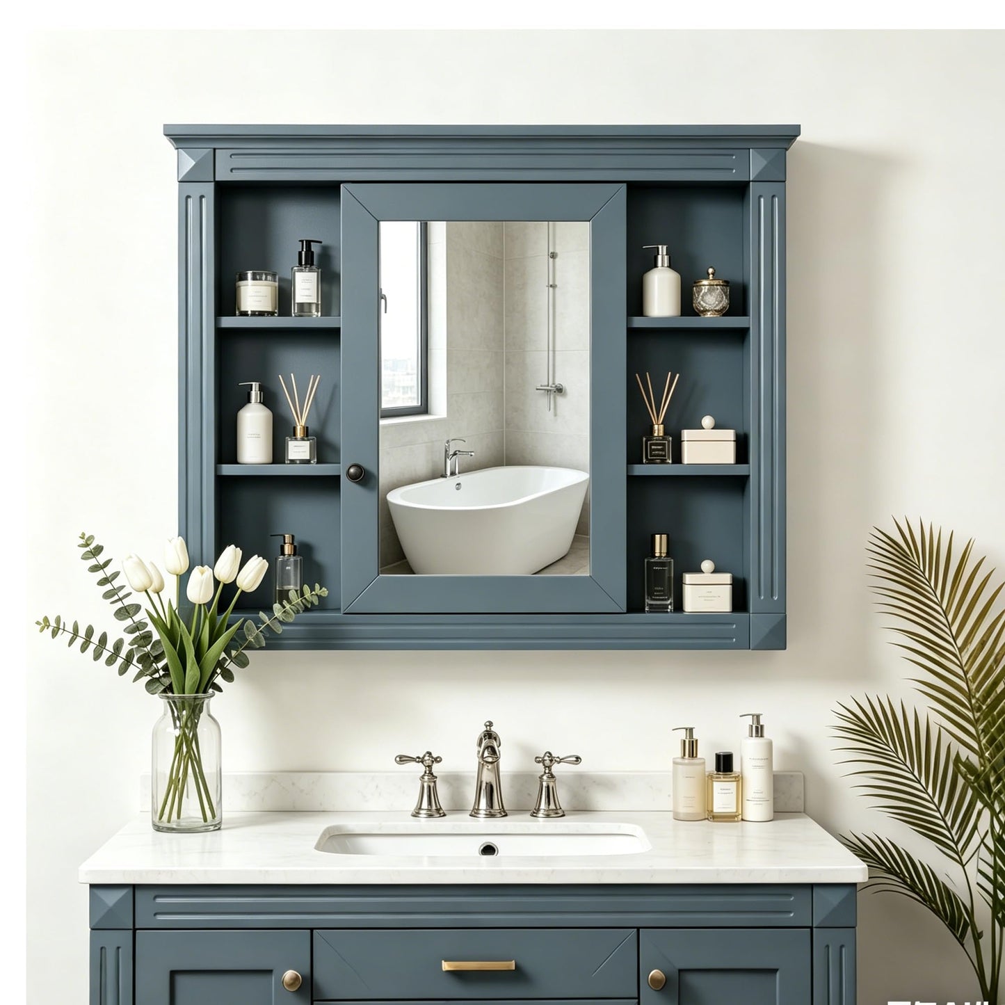 NBEETISM 35 Inch Medicine Cabinet with Mirror, Wall Mount Bathroom Storage Cabinet, Over Toilet Organizer with Adjustable and Open Shelves for Home Decor