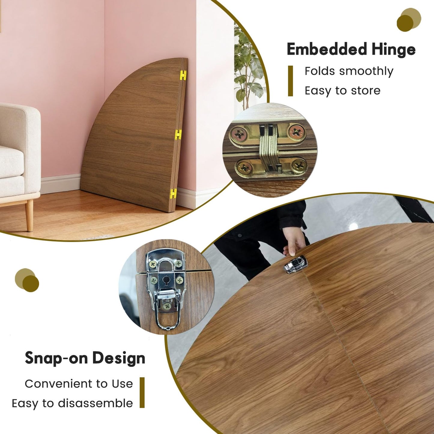 Round Folding Table Top Extender 48/55/59/63/71/79" Solid Wood Table Extension For Dining Table Extender Top Fold Wooden Tabletop for Kitchen Restaurant Workbench Outdoor(Walnut, D - 55")