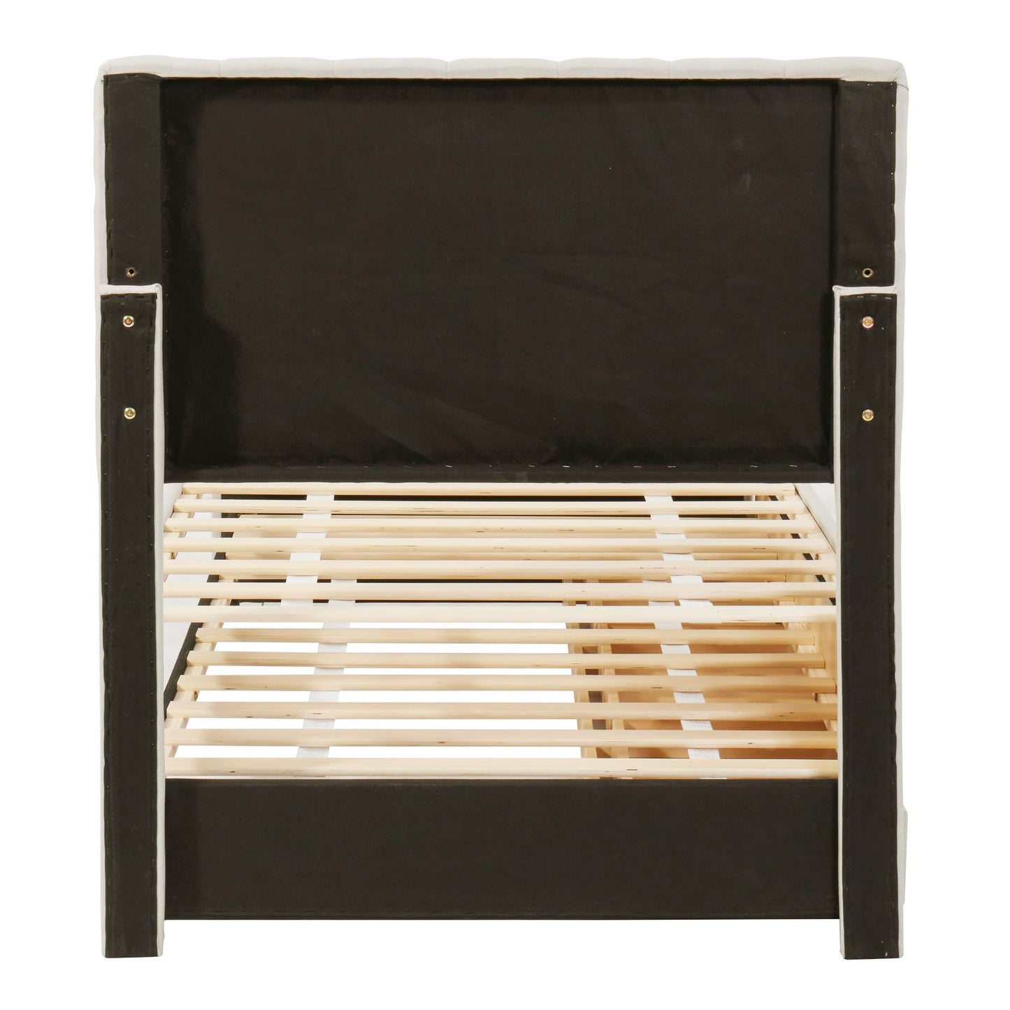 GDFStudio Twin Size Upholstered Platform Bed with Trundle and 3 Storage Drawers, Linen Fabric Bed Frame with Stripe Headboard and Wood Slat Support, Beige