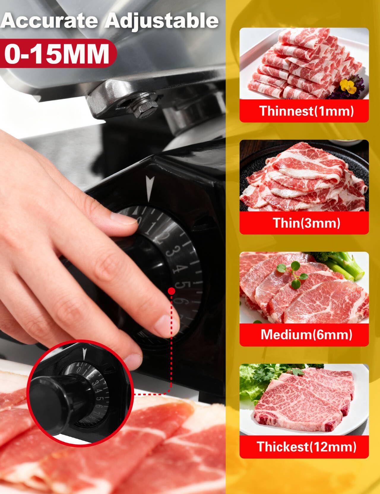 YaJenna Black Electric Meat Slicer 10" 300W Deli and Ham Food Cheese Jerky Steak Slicer Cutting Machine with ETL Approved Semi-Auto 0-15MM Adjustable Slice Thickness