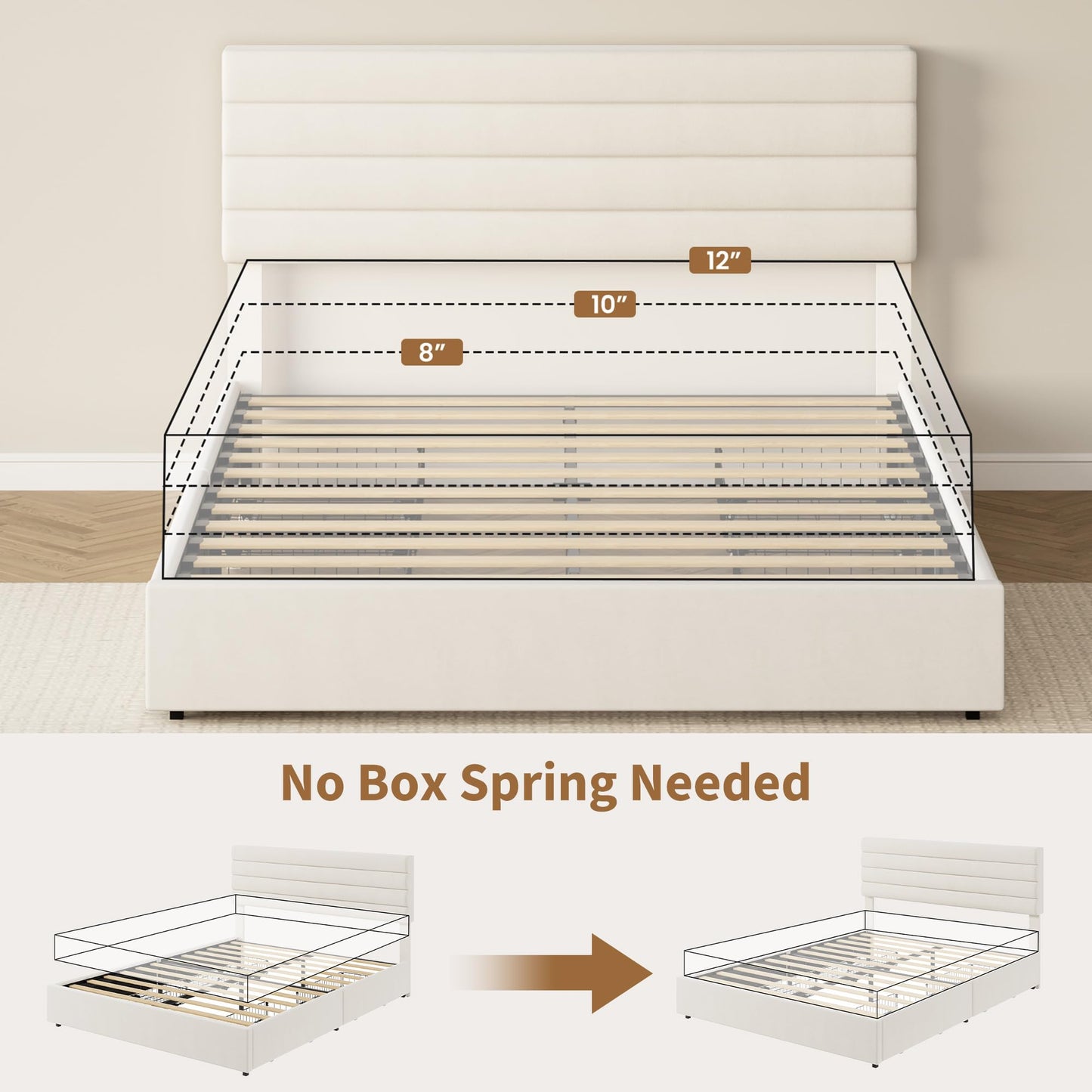 Garvee Queen Size Bed Frame, Velvet Upholstered Platform Storage Bed with 4 Drawers, Wooden Slats Support, No Box Spring Needed, Easy Assembly, Beige