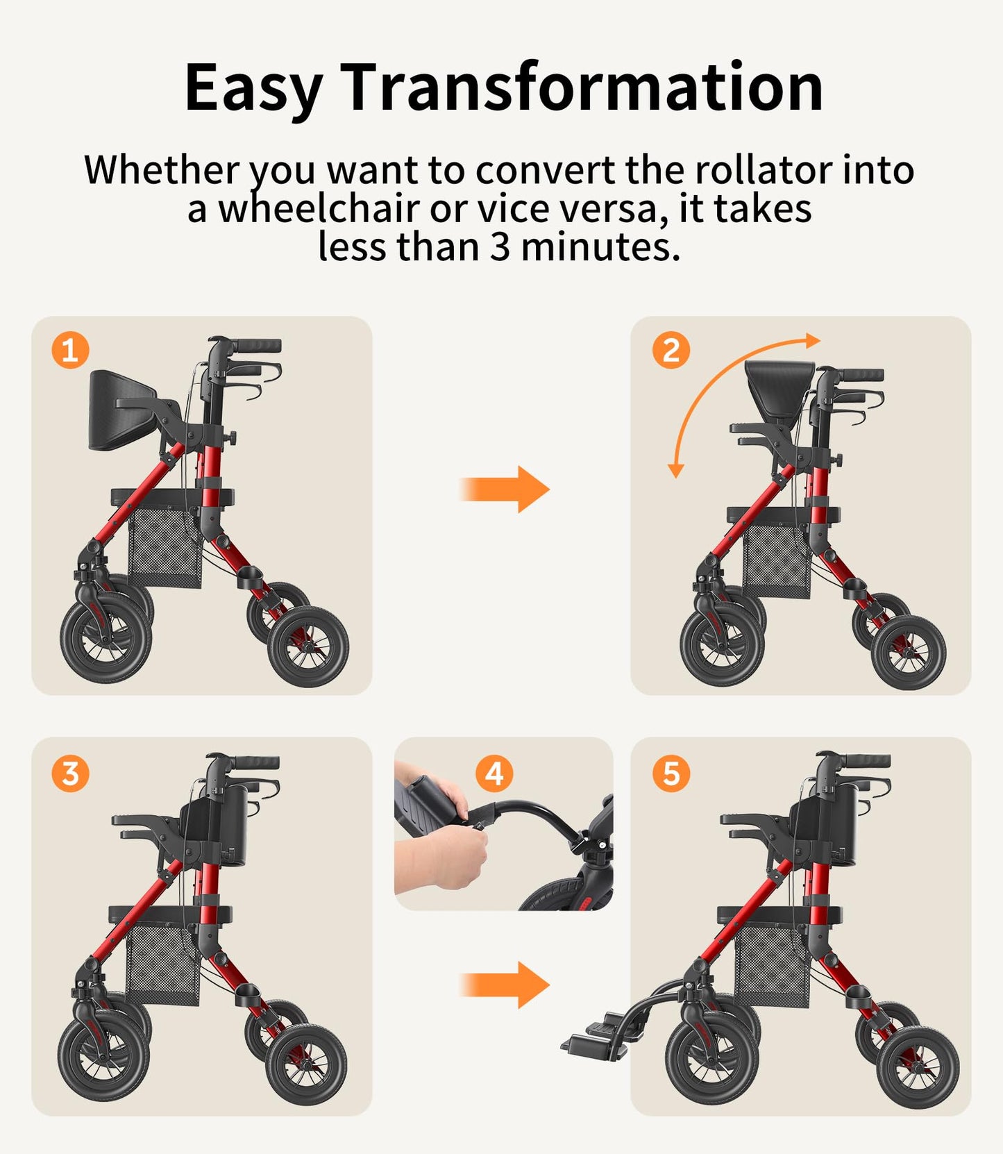 VOCIC Walkers for Seniors, Wheelchairs for Adults, Rollator Walker with Seat, 2 in 1 Rollator Transport Chair with Brakes, Rollator Lightweight Foldable, Walker Wheelchair Combo