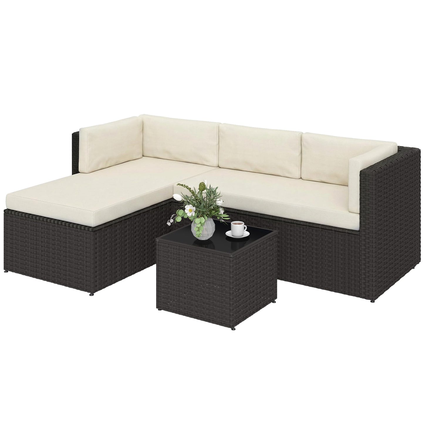 Outsunny 3 Piece Patio Furniture Set, Wicker Rattan Outdoor Patio Conversation Furniture Set with Cushions, Glass Top Coffee Table, Deep Seating for Garden, Backyard, Porch, Beige
