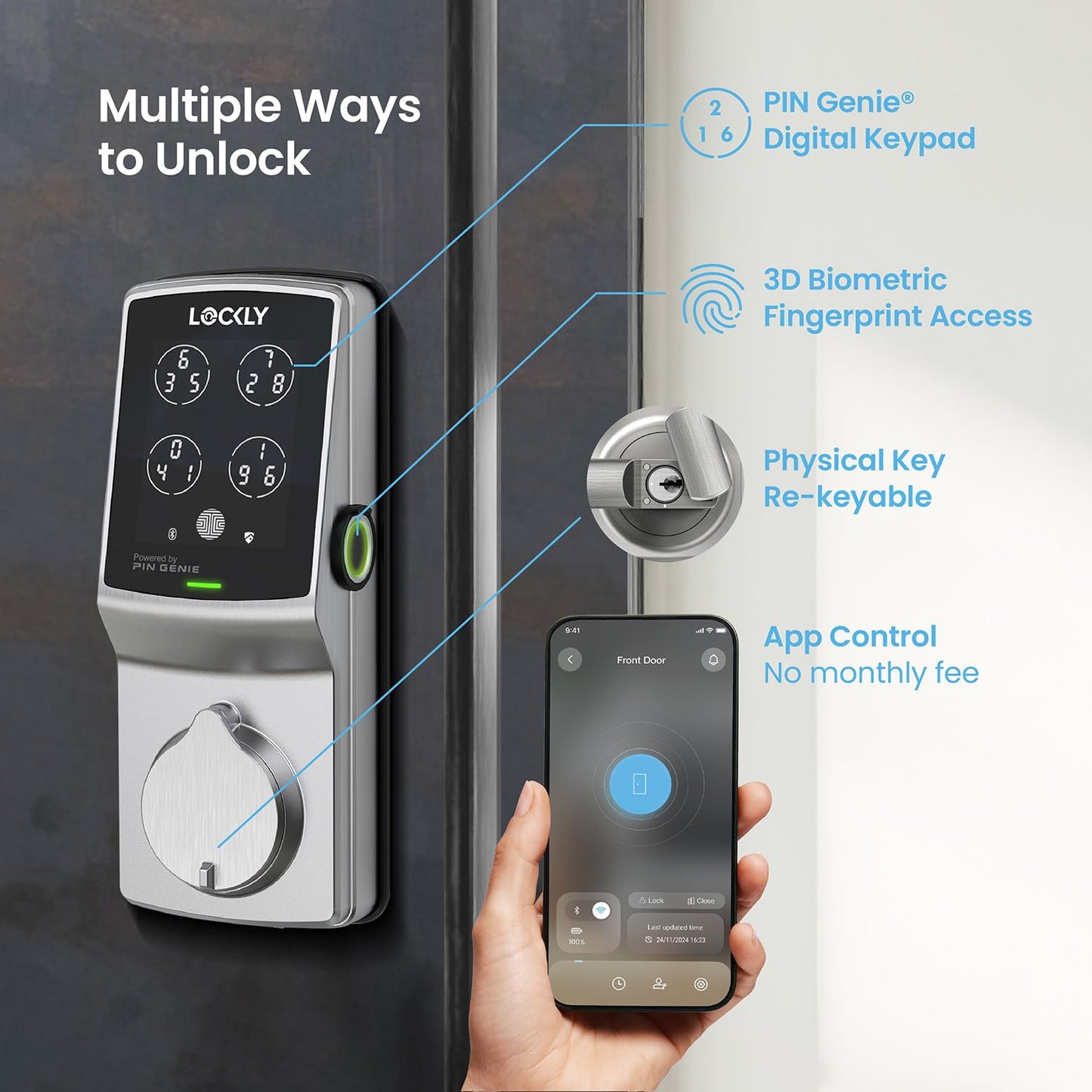 Lockly Secure Pro Smart Deadbolt Lock — Fingerprint Keyless Entry, PIN Genie® Patented Keypad, up to 99 Fingerprints, up to 33 Access Codes, Wi-Fi Hub Included, ANSI Grade 1, Alexa & Google Compatible