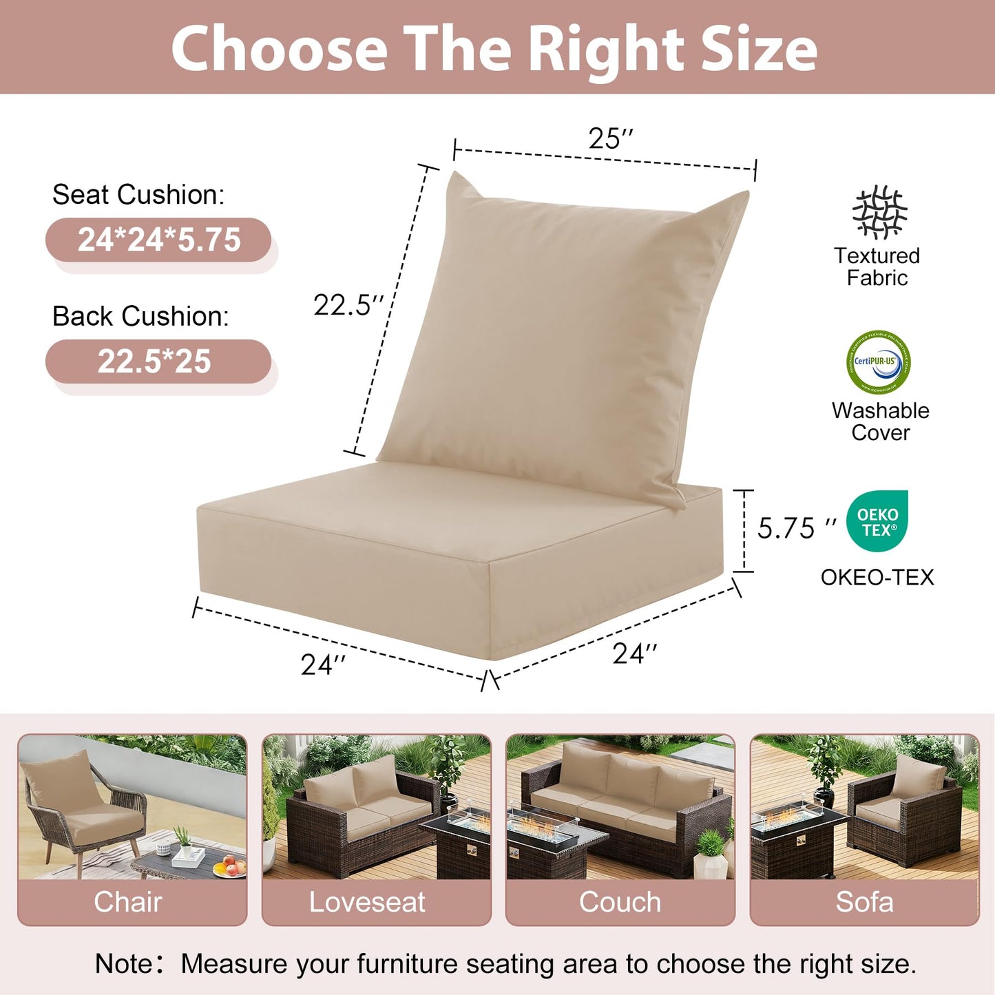 MuaMelop Outdoor Deep Seat Cushion Set, 24x24 Inch Water-Resistant & Fade-Resistant Outdoor Chair Cushions, Patio Furniture Cushions with Removable Cover for Patio Chair, Sofa, Beige (Set of 4)