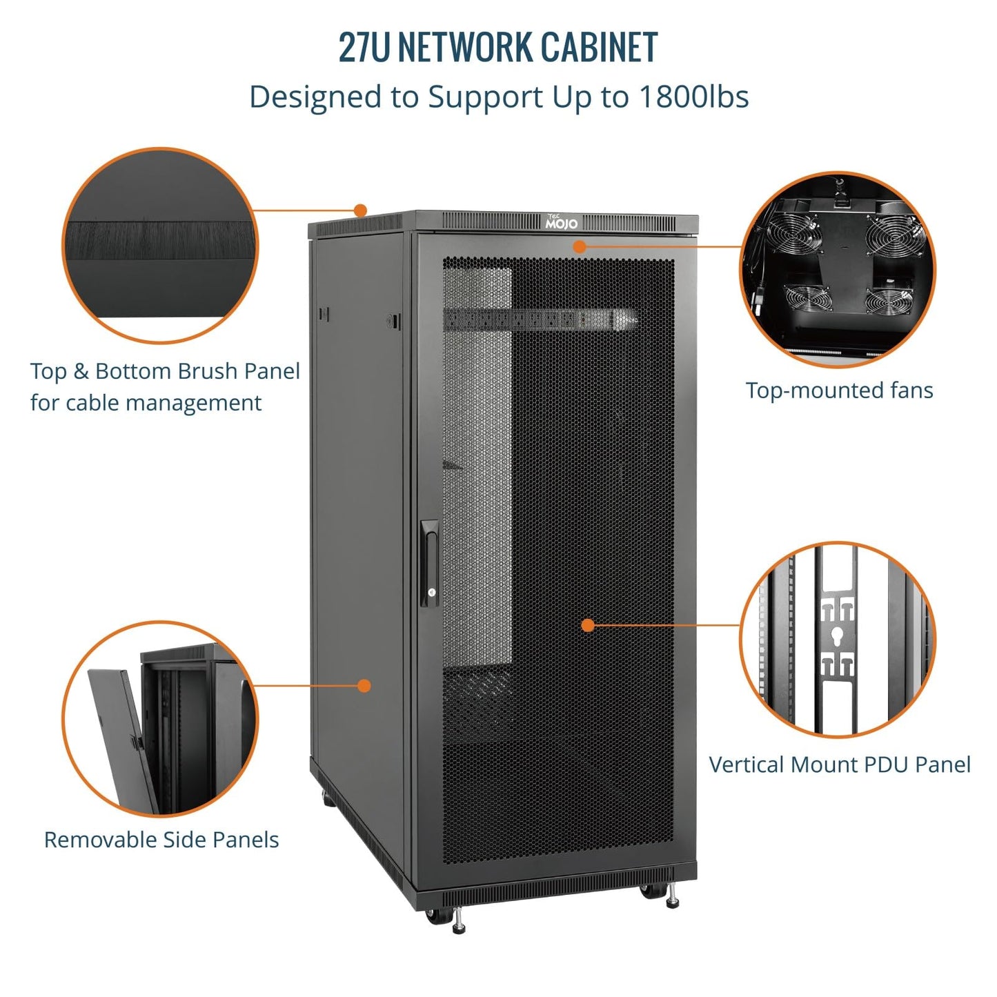 Tecmojo Network Rack Cabinet,27U Server Rack,31.5 Inch Depth,Hold Up to 1800Lbs,Lockable Cabinet with Casters and Complete Accessories,Mesh Door,for Home,Office,Small Business (27U 23.6" w*31.5" d)