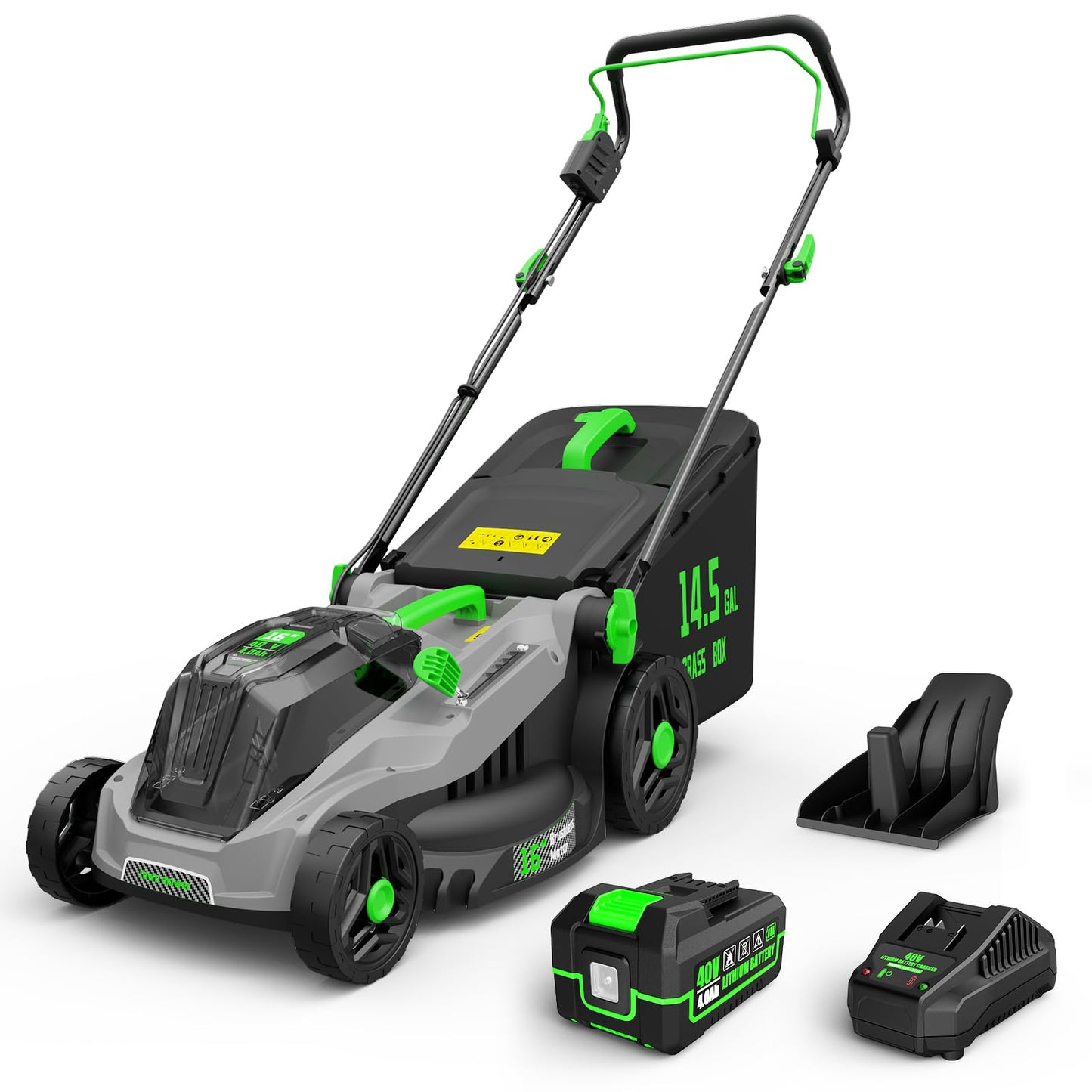 TIECTOWN 40V 16-Inch Brushless Cordless Lawn Mower with 4.0Ah Battery & Charger, 2-in-1 Electric Push Mower, 5-Position Height Adjustment, Lightweight, Compact Storage, for Small Yards - Green