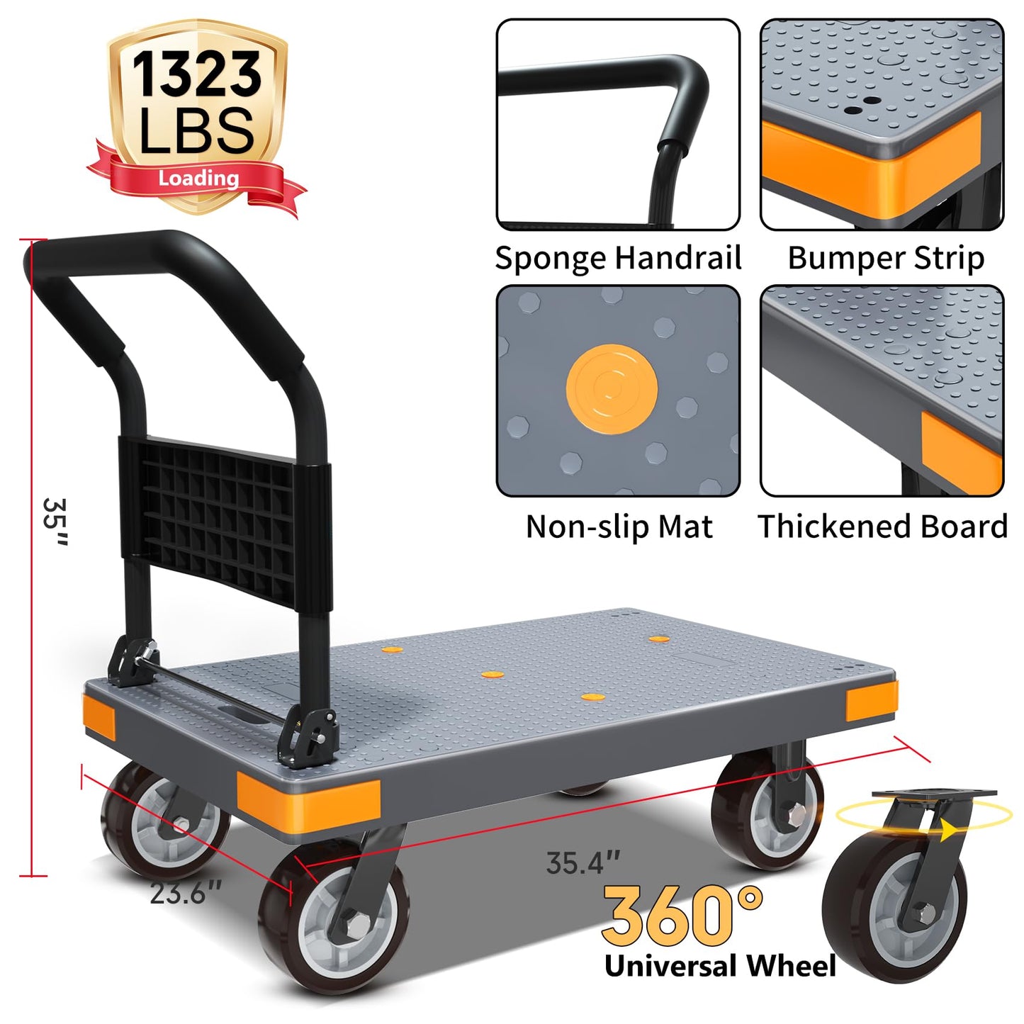 WUD Push Cart, Folding Mobile Platform Trolley,Thickened and Reinforced, 360° Swivel Wheels,35.4 “L x 23.6 ”W, 1323 lb.Grey Dolly cart with Wheels