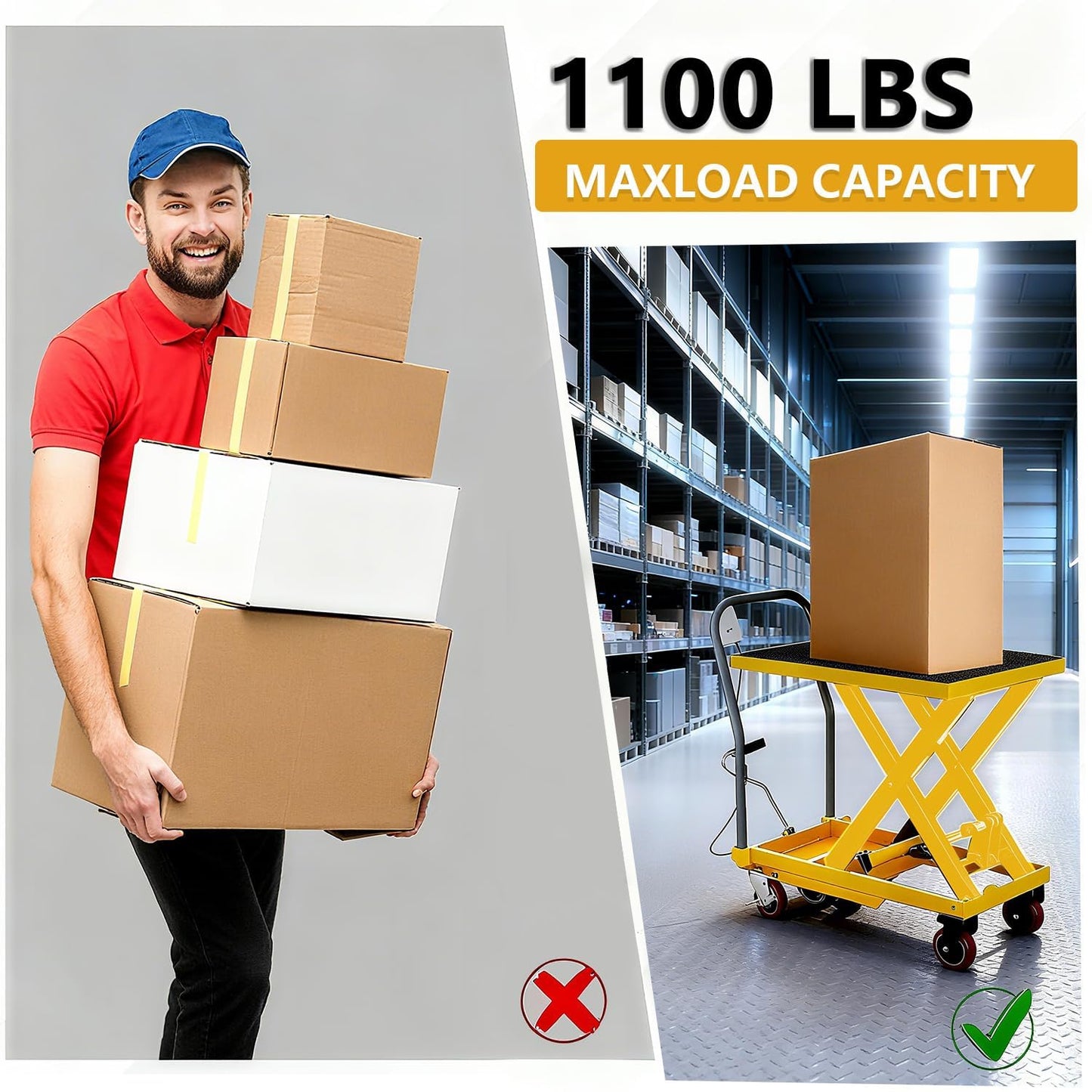 1100 Lbs Heavy Duty Single Scissor Hydraulic Lift Table Cart – 32" Max Lifting Height, 4 Swivel Casters, Non-Slip Platform Pad, Mobile Material Handling & Transport for Warehouse, Workshop & Garage