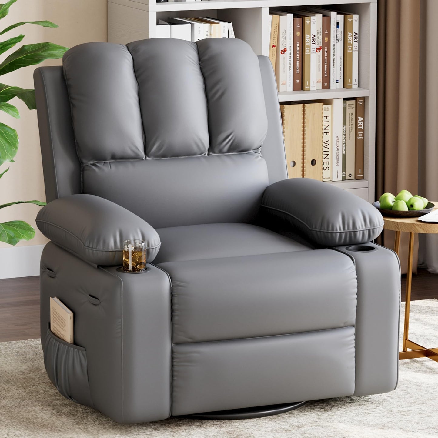 GarveeHome Oversized Recliner Chairs with Heat and Massage, Lazy Recliner Chair for Adults- Manual Chair with Cup Holder for Living Rooms, Bedrooms and Nurseries (Coffee)