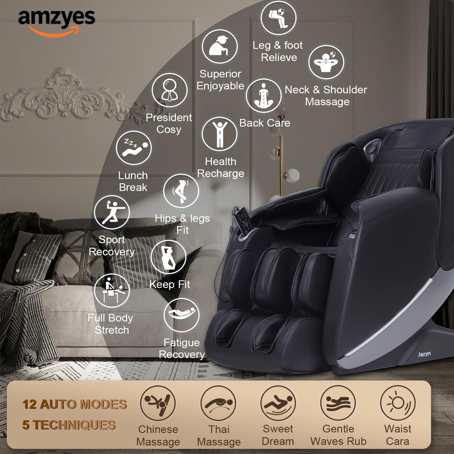 Amzyes 2026 4D Massage Chair Full Body, 17 Modes Zero Gravity Shiatsu Massage Chair with Yoga Stretch, 53.15 in SL Track, Back, Foot, Neck and Shoulder Massage, Bluetooth Speaker, Home, Black