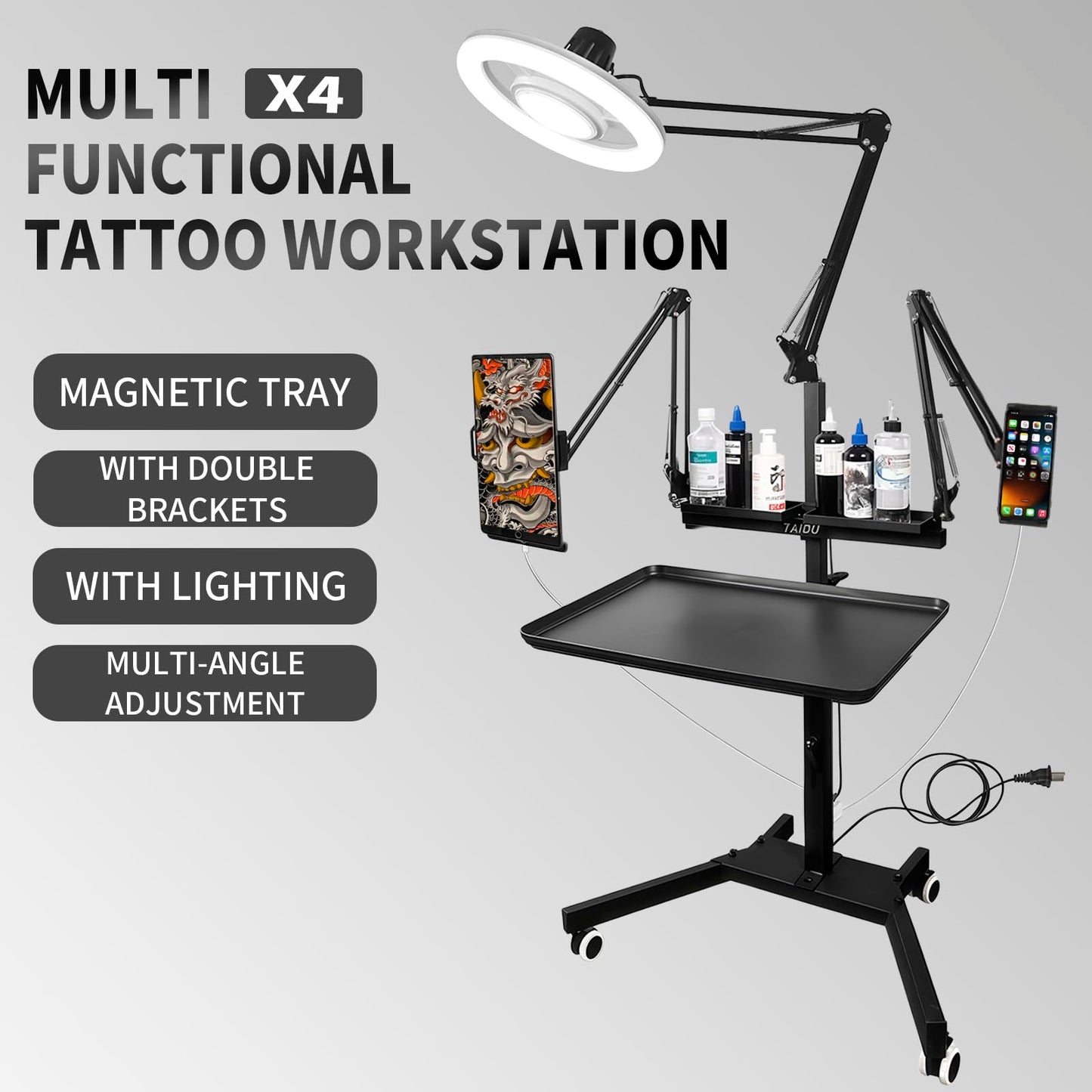 Upgraded multi-functional tattoo workbench, featuring added sockets, ultra-bright LED lights, tattoo tray trolley