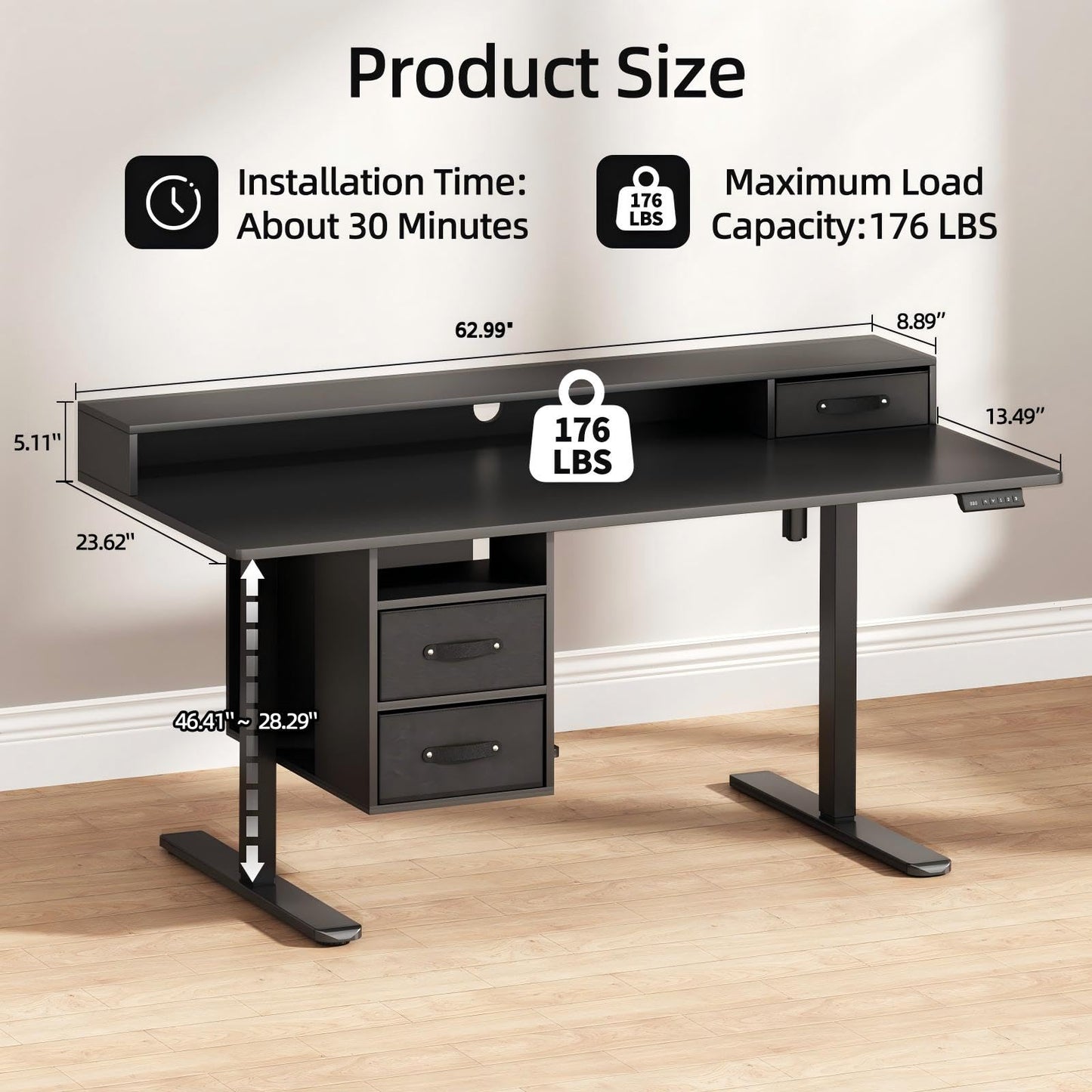 63x24 Inches Standing Desk with Drawers, Electric Computer Desk with Open Storage Shelf, Stand Up Desk, Adjustable Height 28-46 Inches for Home and Computer Workstation, Black