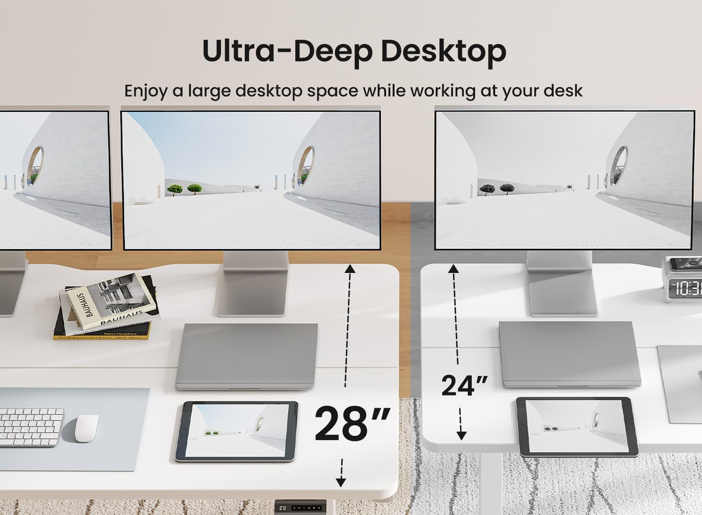 BANTI 63 × 28 Inches Standing Desk, Ergonomic, Electric Height Adjustable, Sit and Stand Up, Computer Desk with a Deeper Desktop, White Frame/Whitetop