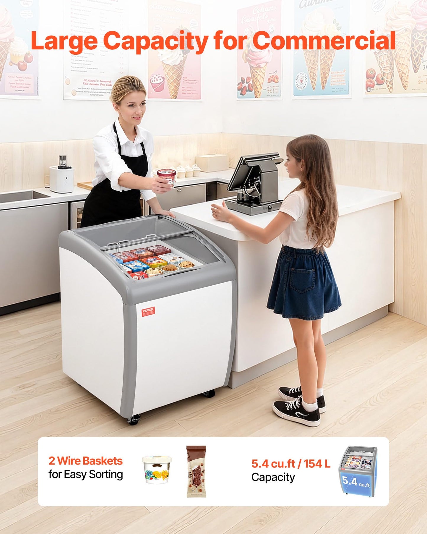 VEVOR Commercial Ice Cream Display Case, 5.4 Cu.ft Chest Freezer, -19 to 3℉ Temp Adjustable Mobile Top Deep Freezer with 2 Wire Baskets, 2 Sliding Glass Doors, Locking Casters & LED Strip Lighting