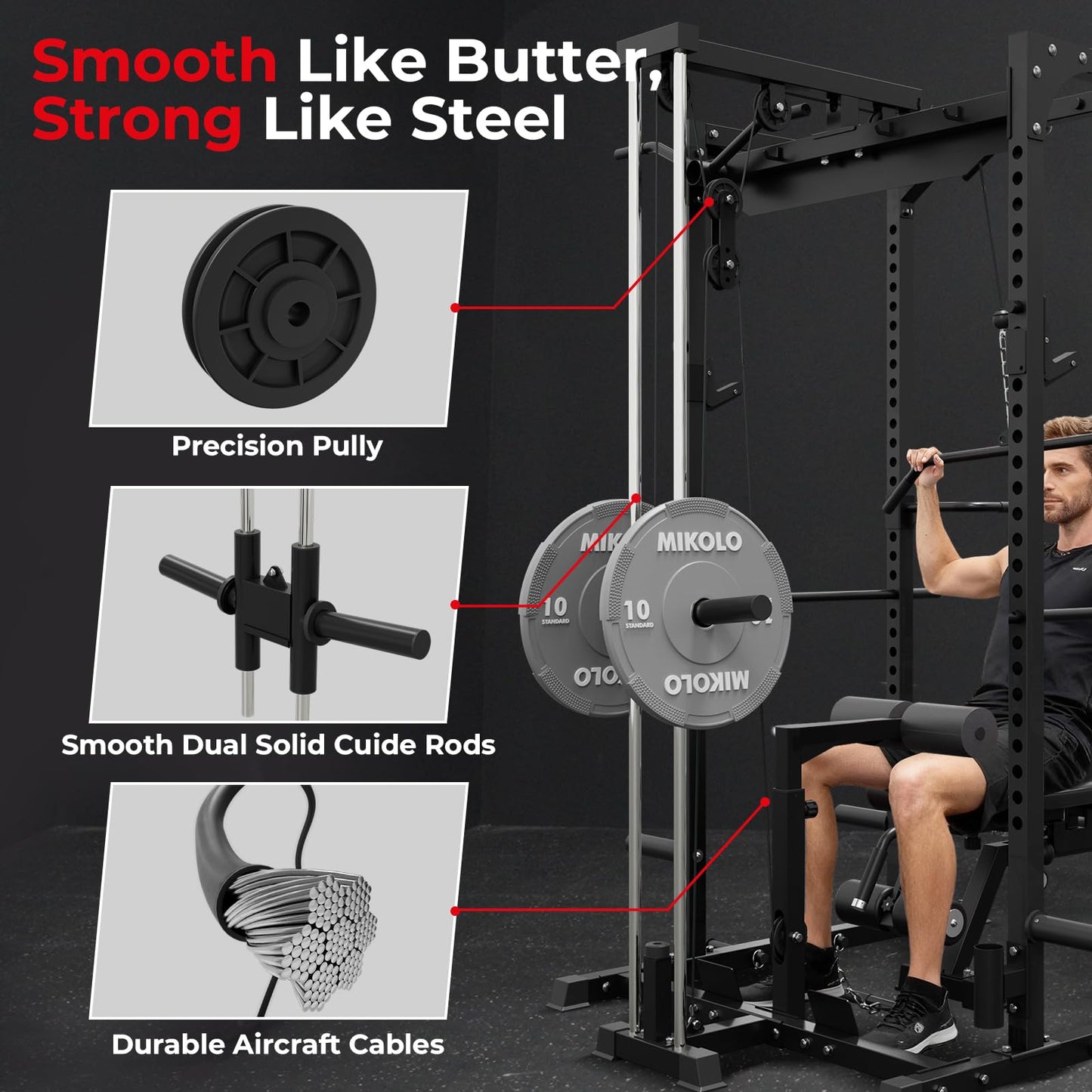 Mikolo F4 2.0 Power Cage with Dual-Track Smooth Pulley System, 1200LBS Power Rack with Leg Hold-Down for Heavy LAT Pulldowns, All-in-One Squat Rack with More Training Attachments for Home Gym (Black)