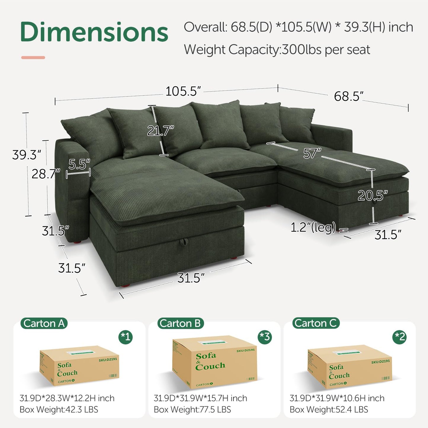 HONBAY Modular Sectional Sofa, 105.5 Inch Deep Seat U Shaped Couch with Storage & Adjustable Armrest Backrest, Green